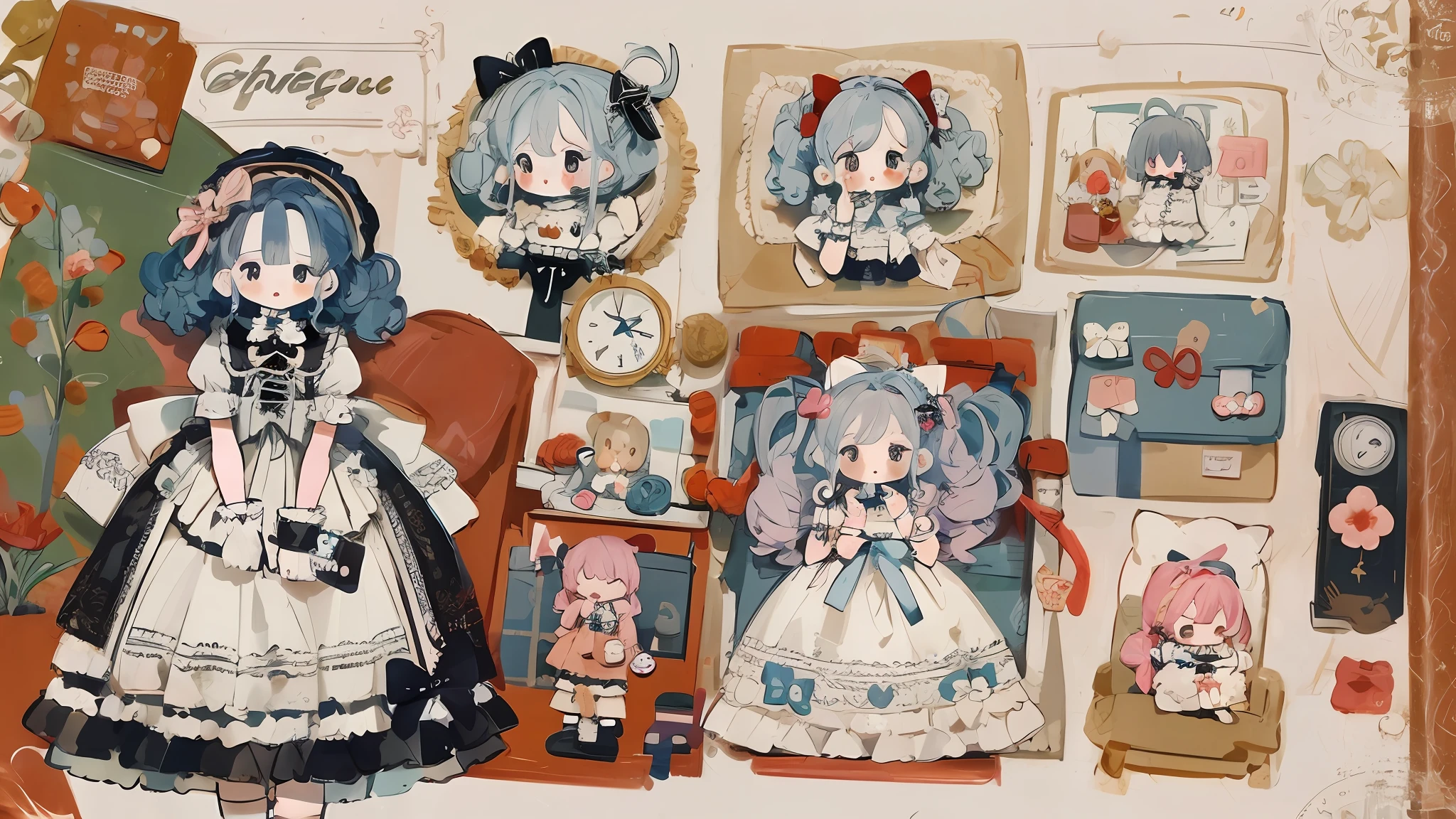 Character design,Q version,tchibi,Cute,The ratio of the head to the body,clothing design,Lolita prostitute,Gorgeous dress,mitts,curlies,very intricate,Exquisite,shift dresses,Bow knot,frilld,ribbon