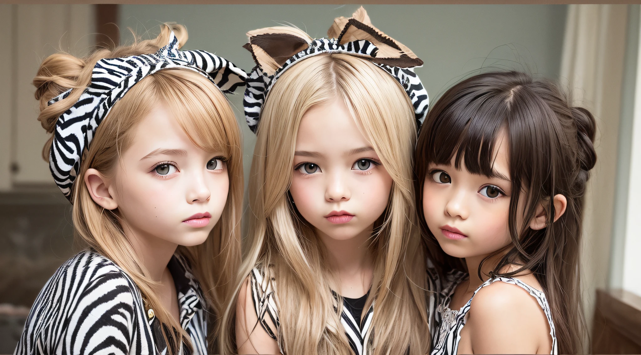 KIDS BLONDIES, CABELOS COMPRIDOS LOIRAS, 3 MENINAS KIDS DE 12 ANOS COM JAQUETAS COURO ESTILO ZEBRA.