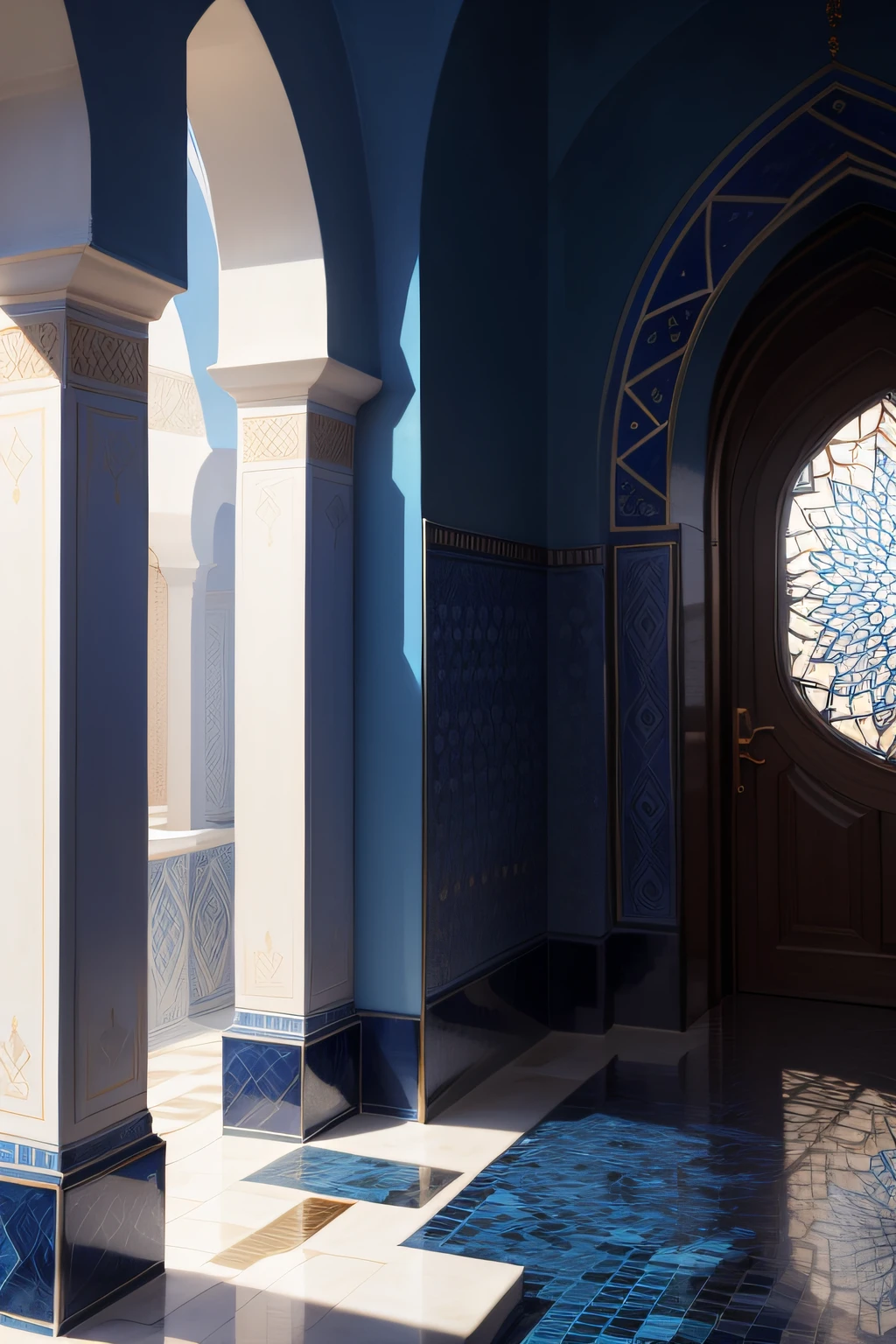 Arabian blue mosaic wall. Fine workmanship. Taken away. Taken from the front. Shooting without distortion. 100mm lens. 4m distance. Seamlessly tileable image.