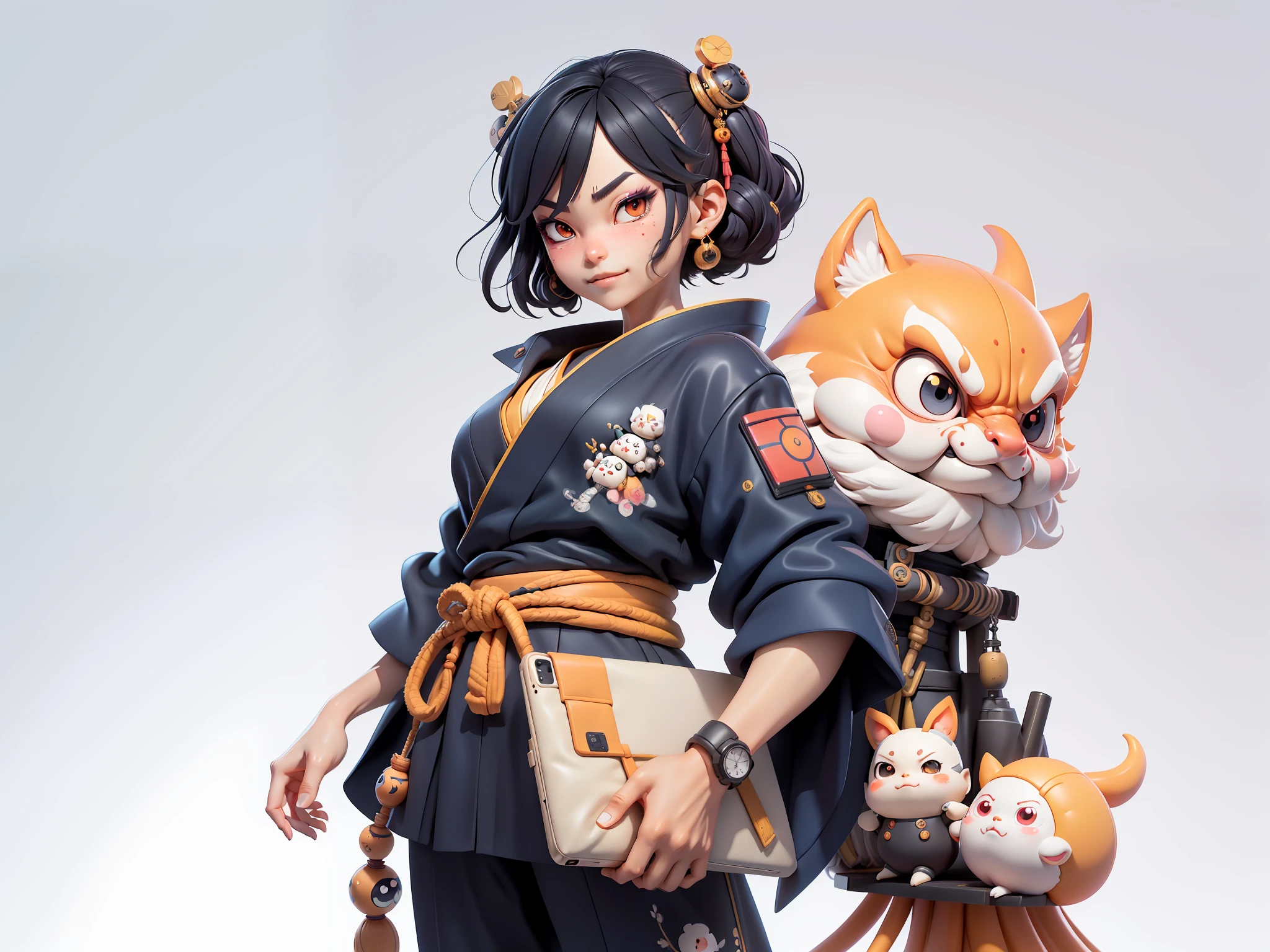 (Daisaku),(Need),(Super meticulous),(full bodyesbian:1.2),Japanese ukiyo-e girl,japanese geisha,Beautiful,Oriental dragon,Aeolian Thor,Raised sexy,爆乳,Oriental face,TV Anchor,Bust portrait illustration,Alone,In black suit,a blue tie,The face is slightly chubby,The face was clean,without a beard,Black super short hair,Black eyes,Smile confidently,3C computer sub-products,iPad, iphone,Digital painting,3D character design by Mark Clairen and Pixar and Hayao Miyazaki and Akira Toriyama,The illustration is a high-definition illustration in 4K resolution,With very detailed facial features and cartoon-style visuals。