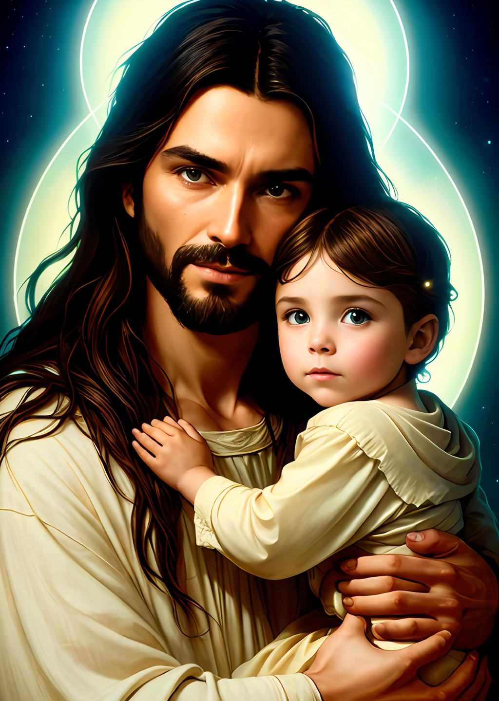 Jesus 35 years old, masterpiece, jesus and child, holy with boy in her arms, ((halo over head)), smiling, heavenly sky, half body, ((divine light)), ethereal, clouds, back lighting, realistic portrait, symmetrical, strong, intricate drawing, highly detailed, digital painting, art station, concept art, fluid, sharp focus, illustration, against heaven's gate, cinematic lighting, works by artgerm and greg rutkowski and alphonse mucha