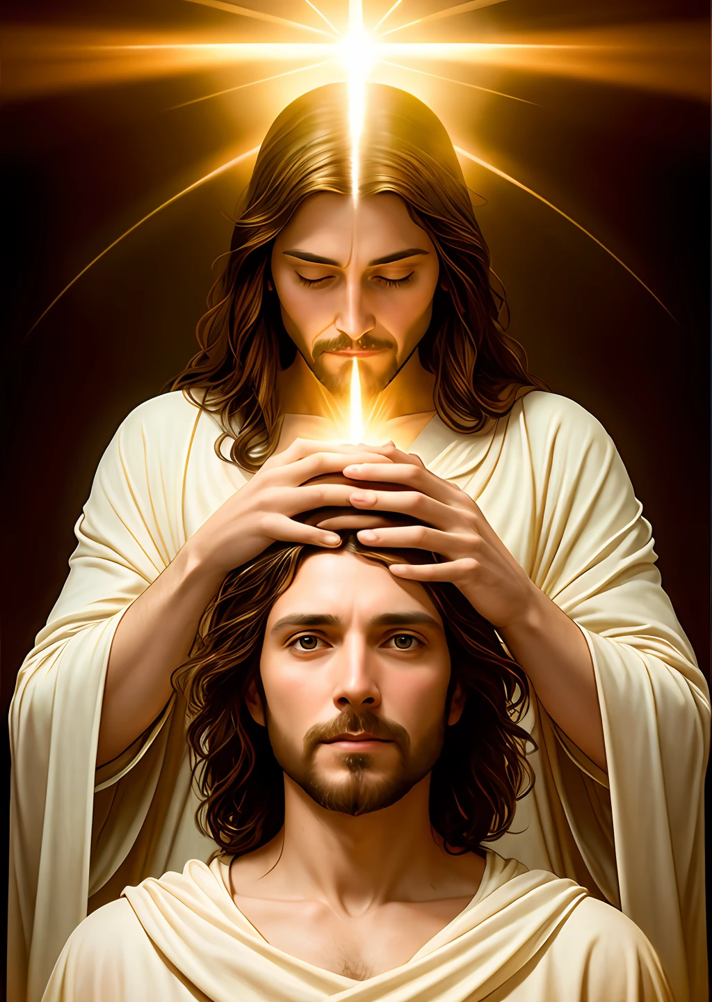 Jesus 35 years old, masterpiece, jesus and child, holy with boy in her arms, ((halo over head)), smiling, heavenly sky, half body, ((divine light)), ethereal, clouds, back lighting, realistic portrait, symmetrical, strong, intricate drawing, highly detailed, digital painting, art station, concept art, fluid, sharp focus, illustration, against heaven's gate, cinematic lighting, works by artgerm and greg rutkowski and alphonse mucha