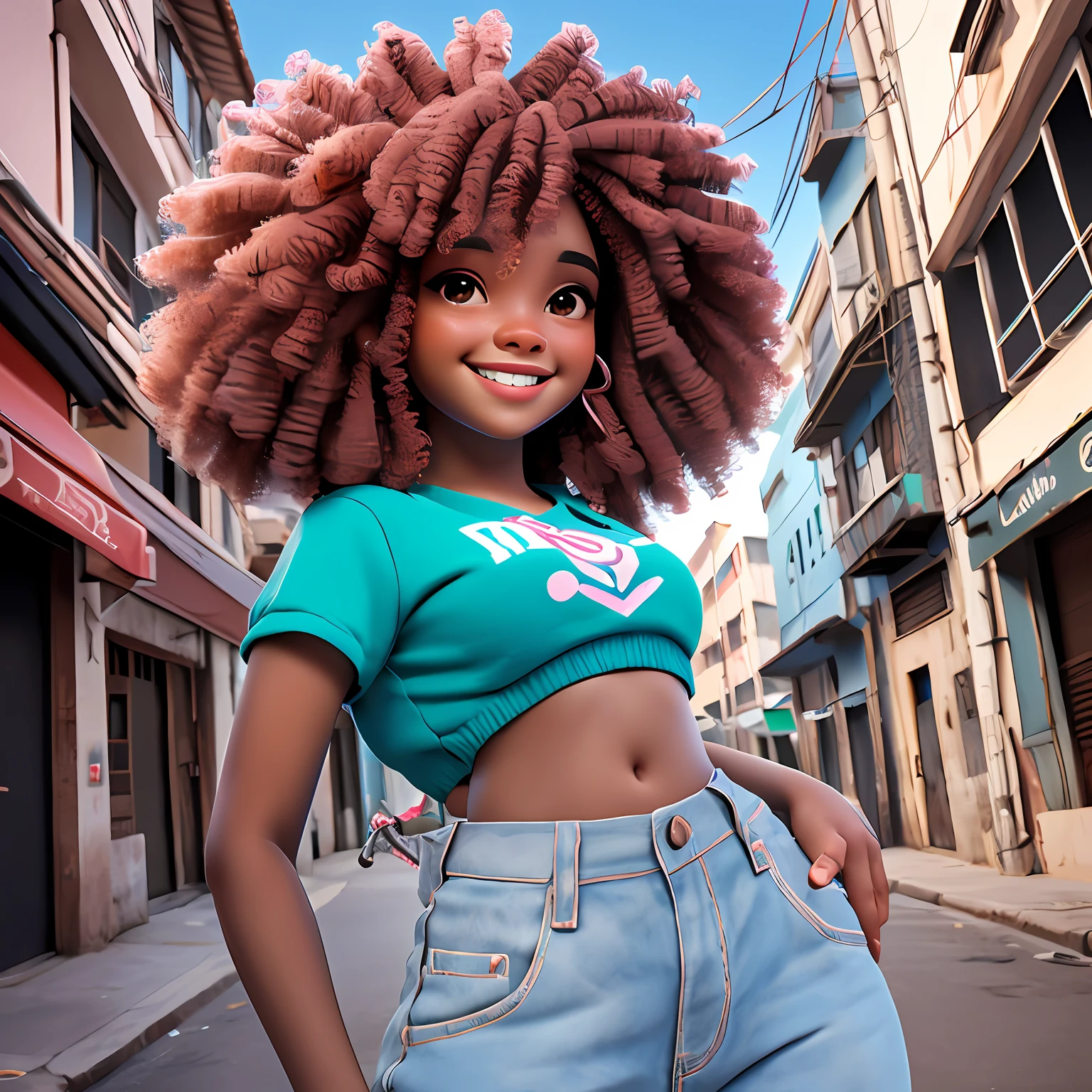 menina negra, adolescente, olho castanho, sorriso claro, flor, ao ar livre, Seu cabelo esta preso coque, Tom cinza Claro, portanto, estilo afro, Encaracolado, corpo inteiro, The background is filled with an urban tone of the city, evoking a sense of lightness and happiness.