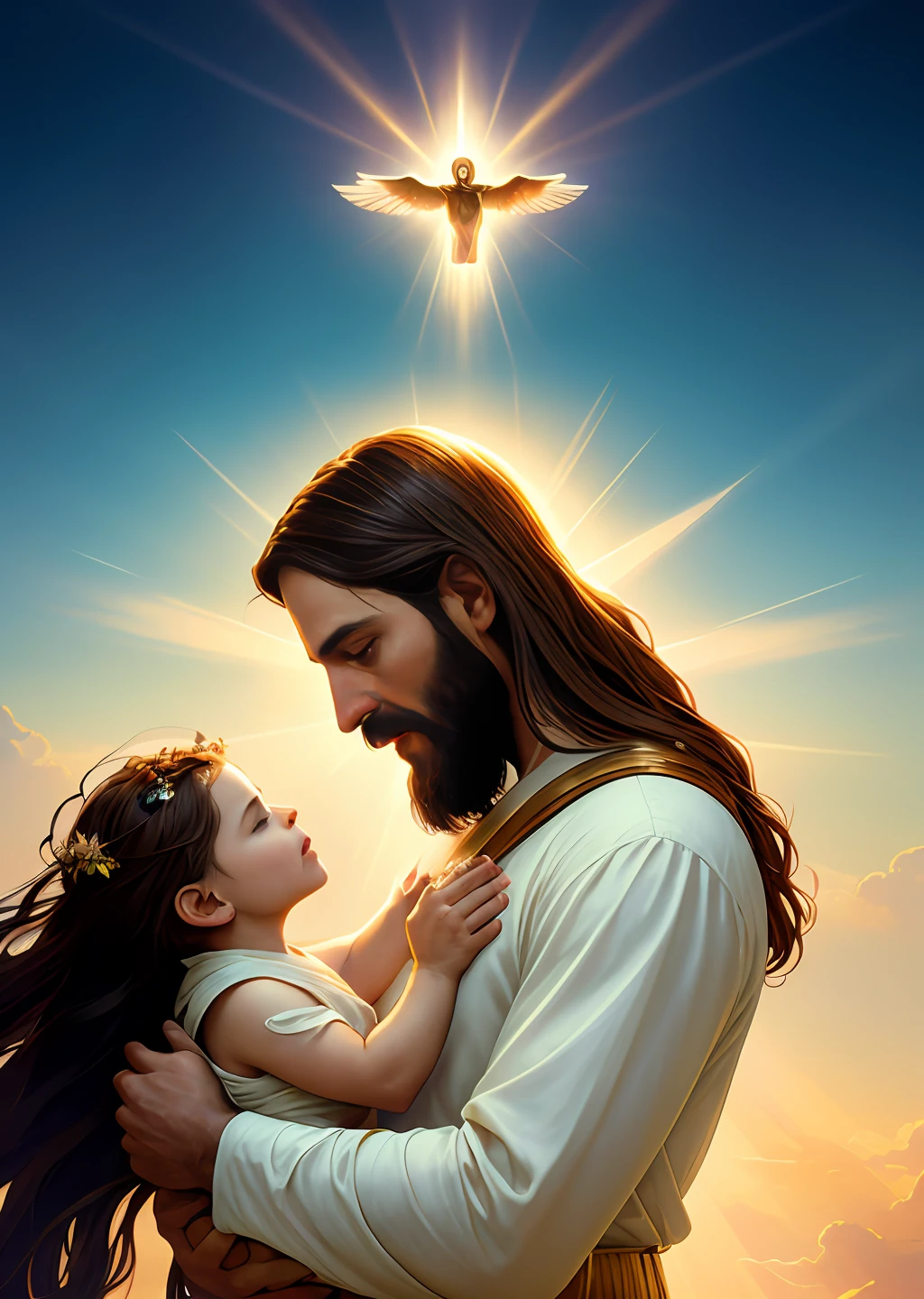Jesus 35 years old, masterpiece, jesus and child, holy with little boy in her arms, ((halo over head)), smiling, heavenly sky, half body, ((divine light)), ethereal, clouds, back lighting, realistic portrait, symmetrical, strong, intricate drawing, highly detailed, digital painting, art station, concept art, fluid, sharp focus, illustration, against heaven's gate, cinematic lighting, works by artgerm and greg rutkowski and alphonse mucha