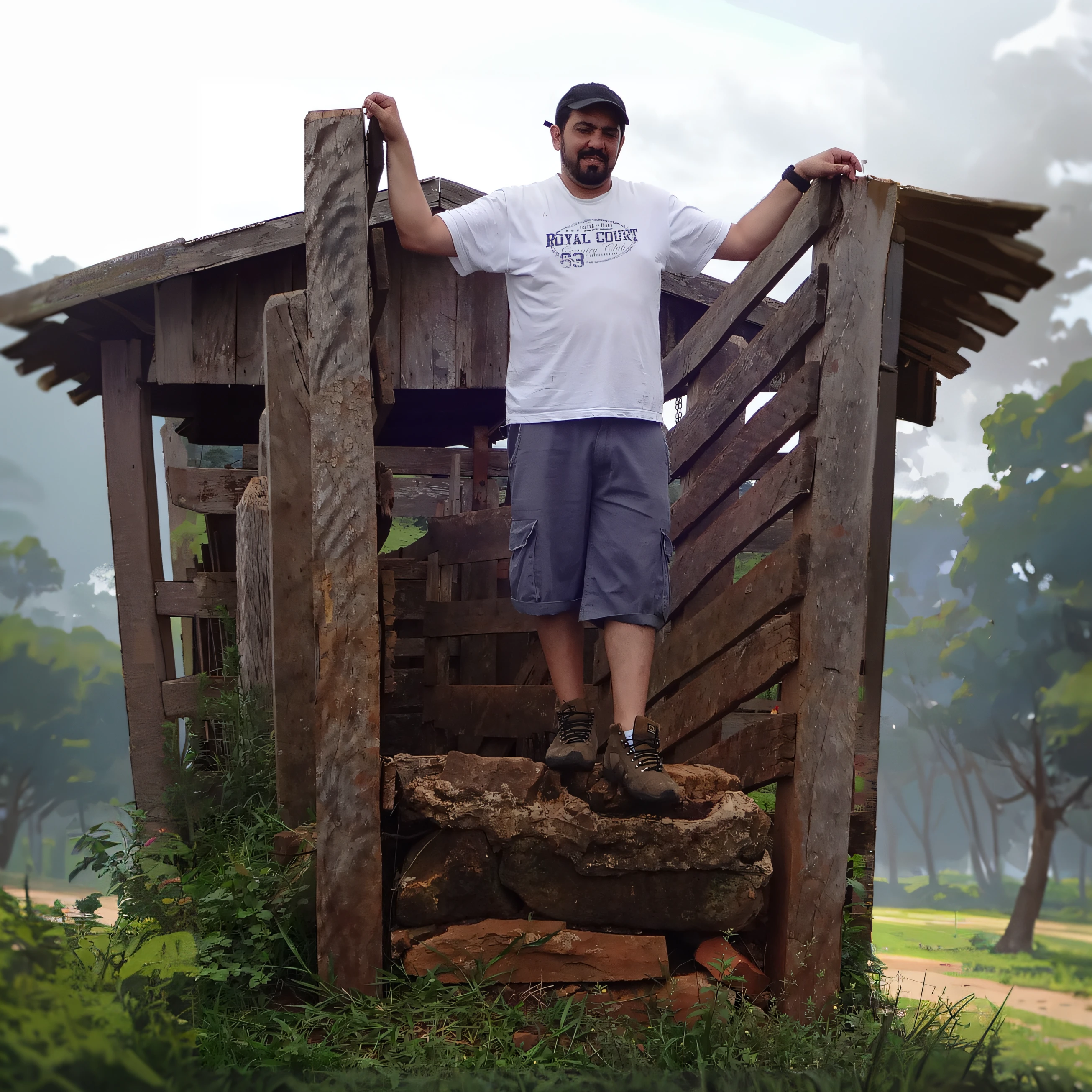 Arafed man standing on a wooden structure in a field, standing astride a gate, posing like a statue, usando roupas sujas de viagem, em cima de uma pilha de escombros, tiro de comprimento de corpo inteiro, Fechar tiro de corpo inteiro, standing on two legs, Posando!!, standing over a tomb stone, at an archaeological dig site, vestindo roupas de fazenda, cavado stanat