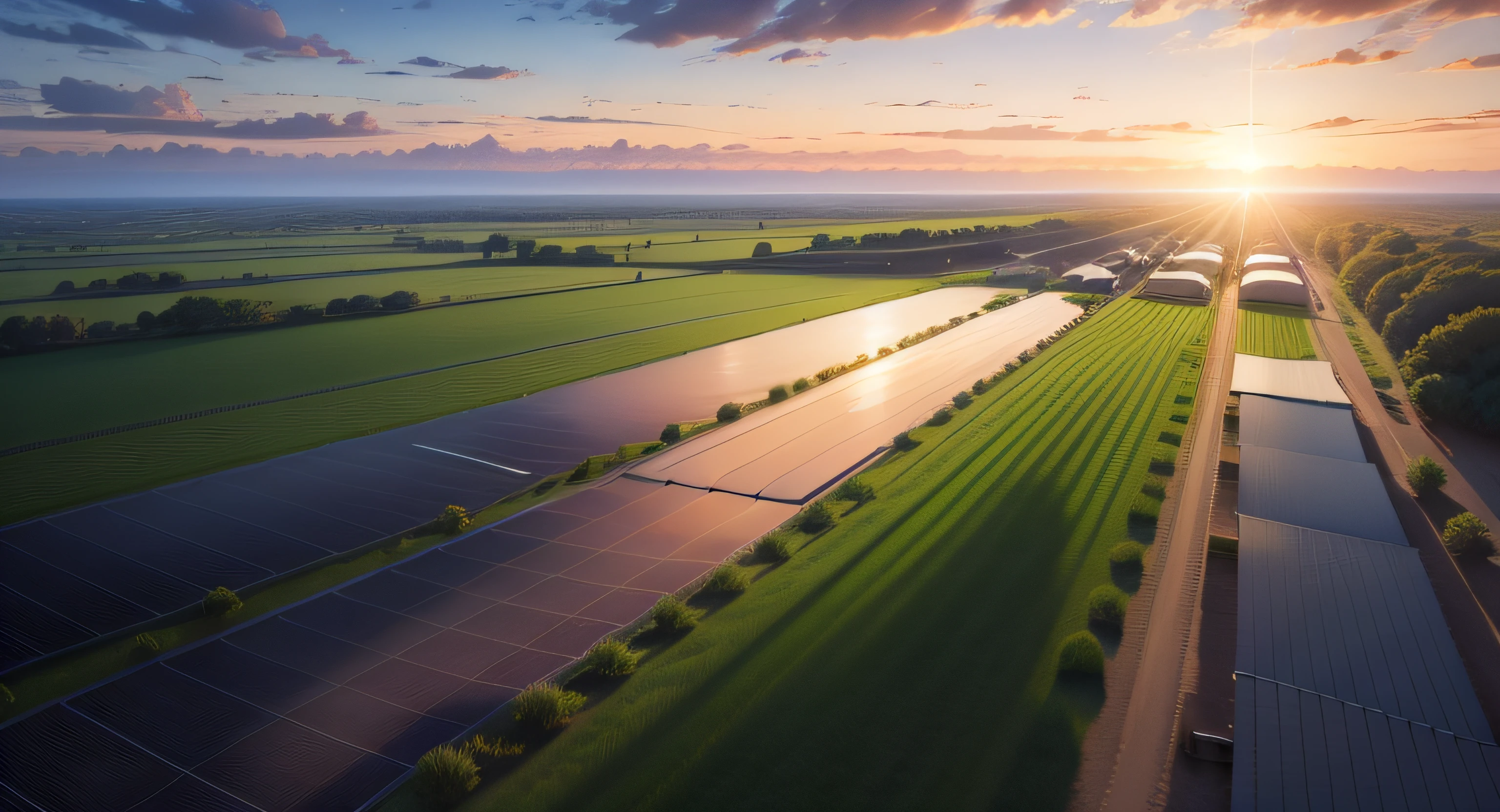 ground mounted photovoltaic power station at sunset