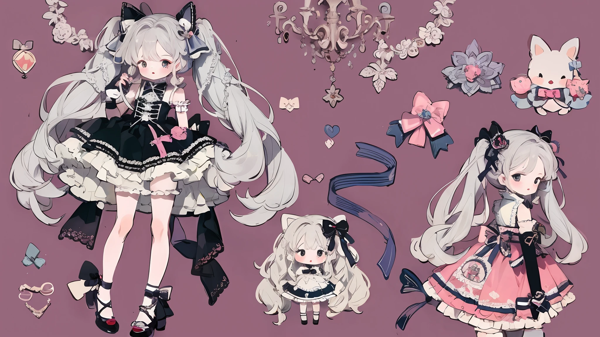 Character design,Q version,tchibi,Cute,The ratio of the head to the body,clothing design,ta prostitute,Gorgeous dress,mitts,curlies,very intricate,Exquisite,shift dresses,Bow knot,frilld,ribbon