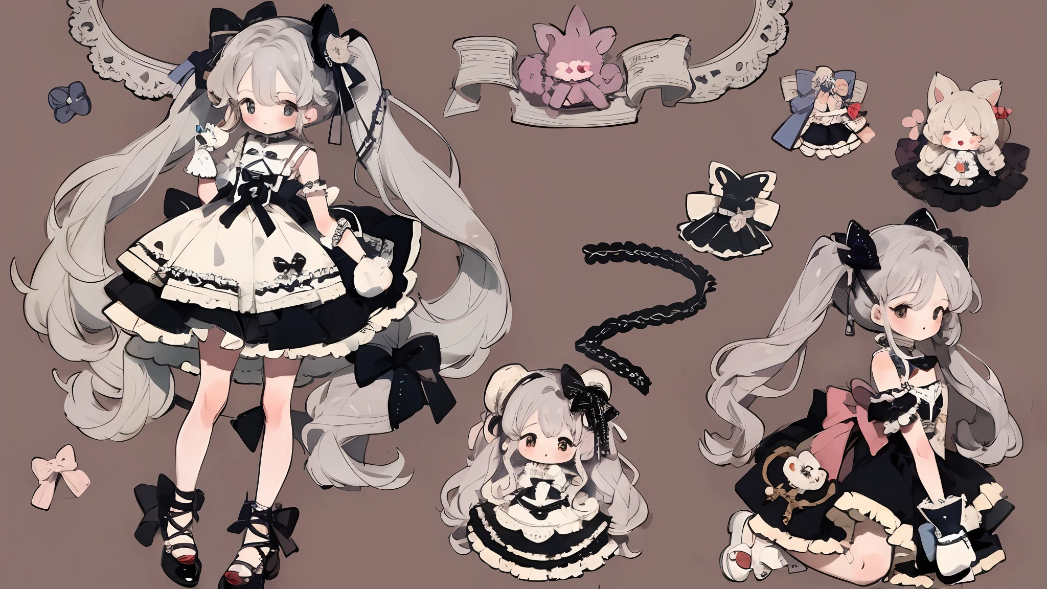 Character design,Q version,tchibi,Cute,The ratio of the head to the body,clothing design,Lolita prostitute,Gorgeous dress,mitts,curlies,very intricate,Exquisite,shift dresses,Bow knot,frilld,ribbon