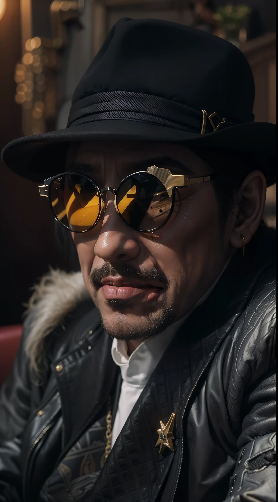 araffe sitting in a chair wearing a black hat and sunglasses, a portrait by derek zabrocki, unsplash, renaissance, tony montana, dictator, taken in the early 2020s, mogul khan, prince, sakuga gunplay, official, bootsy collins, portrait shot, jean deville, movie promotional image, eddie del rio, grand master