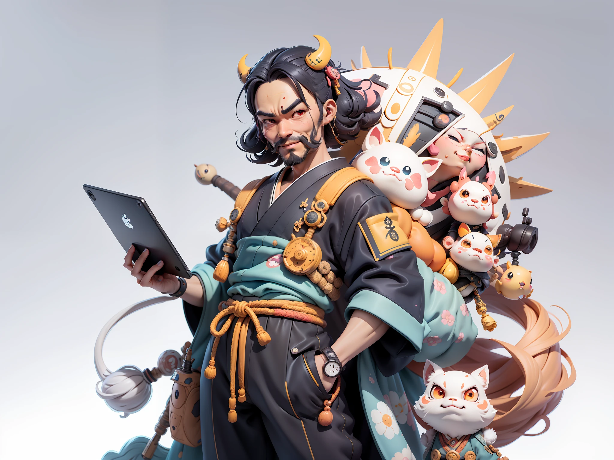(Daisaku),(Need),(Super meticulous),(full bodyesbian:1.2),Japanese ukiyo-e girl，japanese geisha，Beautiful，Oriental dragon，Aeolian Thor，Raised sexy，爆乳，Oriental face，TV Anchor，Bust portrait illustration，Alone，In black suit，a blue tie，The face is slightly chubby，The face was clean，without a beard，Black super short hair，Black eyes，Smile confidently，3C computer sub-products，iPad， iphone，Digital painting，3D character design by Mark Clairen and Pixar and Hayao Miyazaki and Akira Toriyama，The illustration is a high-definition illustration in 4K resolution，With very detailed facial features and cartoon-style visuals。