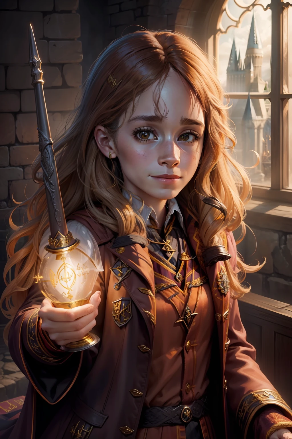 (good quality, detailed image),(Hermione Granger+Harry Potter:1.3) with a smile in one scene, dragon.