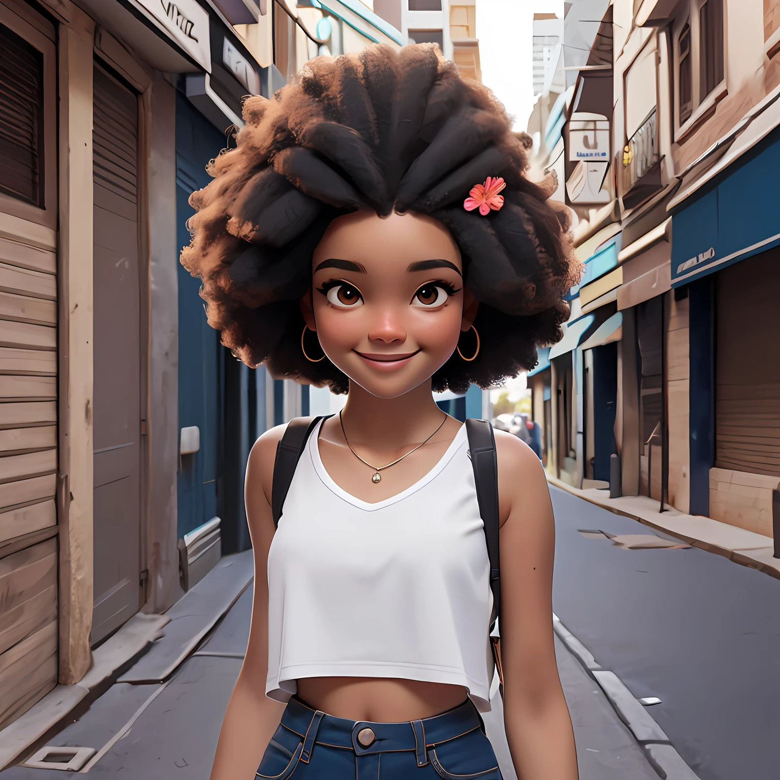 negra, adolescente, olho castanho, sorriso claro, flor, ao ar livre, Seu cabelo esta preso coque, Tom cinza Claro, portanto, estilo afro, encaracolado, corpo inteiro, The background is filled with an urban tone of the city, evoking a sense of lightness and happiness.