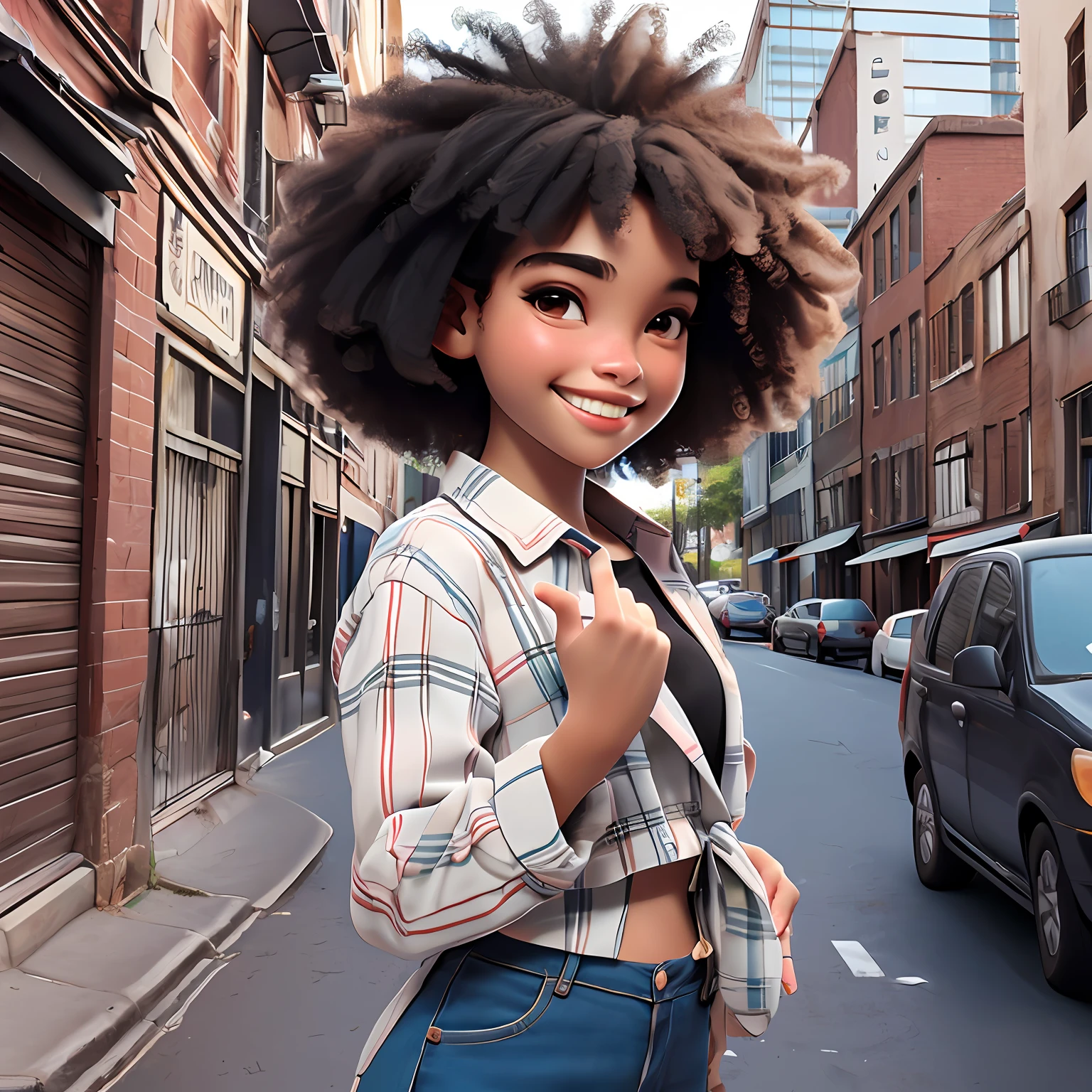 menina negra, adolescente, olho castanho, sorriso claro, flor, ao ar livre, Seu cabelo esta preso coque, Tom cinza Claro, portanto, estilo afro, encaracolado, corpo inteiro, The background is filled with an urban tone of the city, evoking a sense of lightness and happiness.