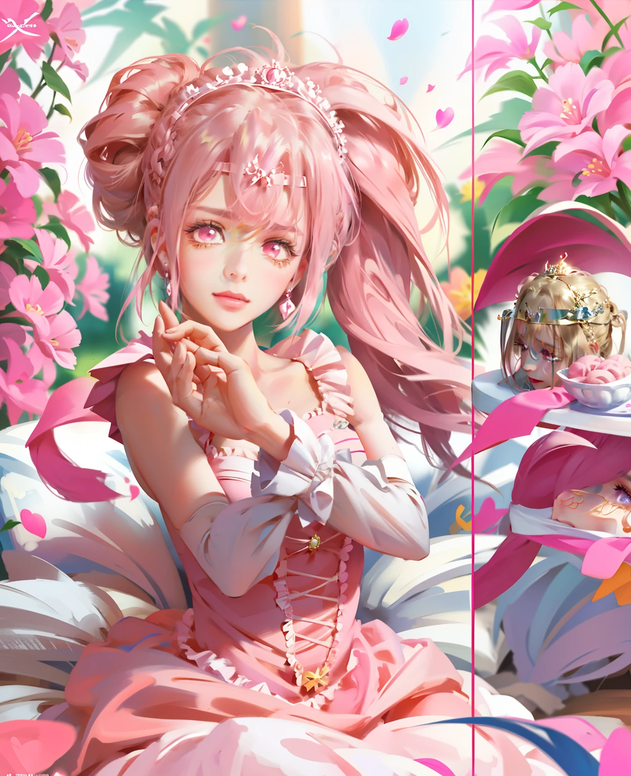 （ultraclear，A high resolution，Surprising detail，1girll，double-ponytail，Delicate facial features）ssmile，Pink ponytail and pink eyes，Anime girl in pink dress，tiara crown，Highly saturated color，Natural light，Anime princess,  portrait of magical girl,  in dress,Lolirostitute，style of magical girl, Anime style