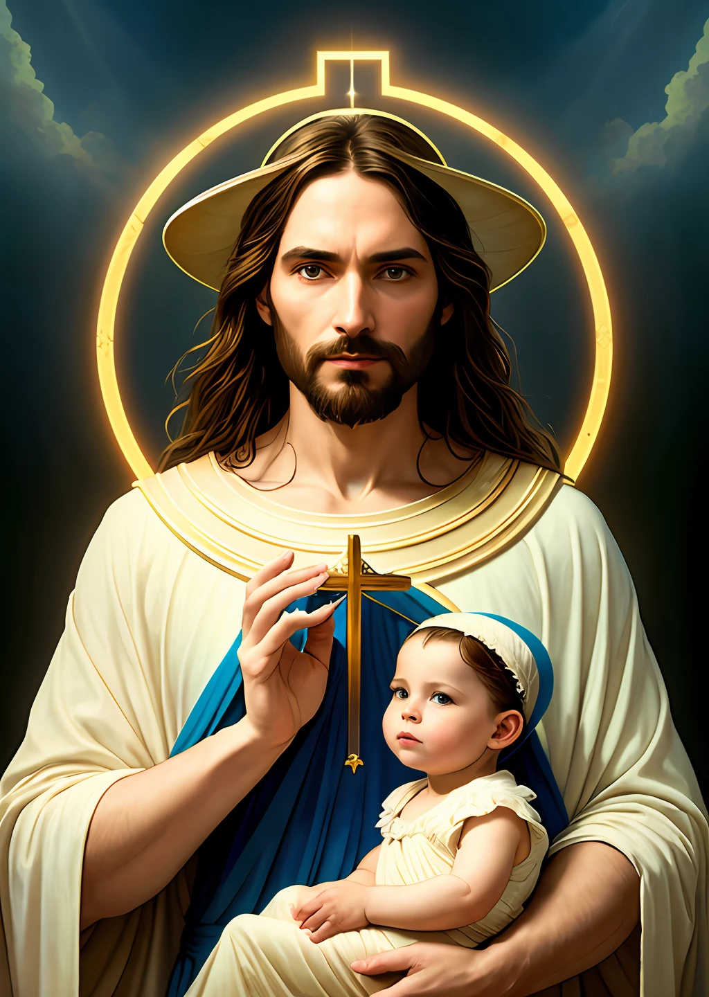 Jesus 35 years old, masterpiece, jesus and child, holy with little White sheep in her arms, ((halo over head)), smiling, heavenly sky, half body, ((divine light)), ethereal, clouds, back lighting, realistic portrait, symmetrical, strong, intricate drawing, highly detailed, digital painting, art station, concept art, fluid, sharp focus, illustration, against heaven's gate, cinematic lighting, works by artgerm and greg rutkowski and alphonse mucha