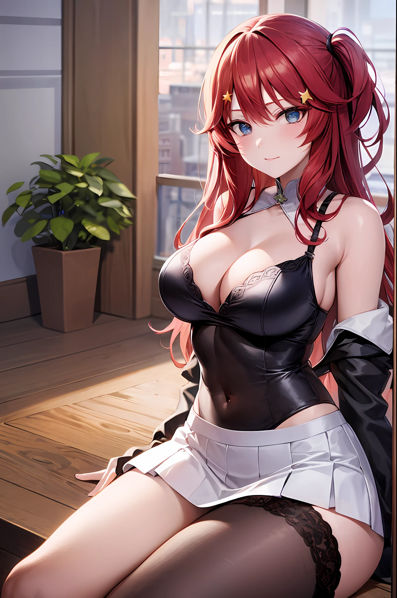 red hair, large breasts, underwear, in, cleavage, navel, white shirt, (brachial), skirt, lie, Body, sexy, sitting, star hairpins,