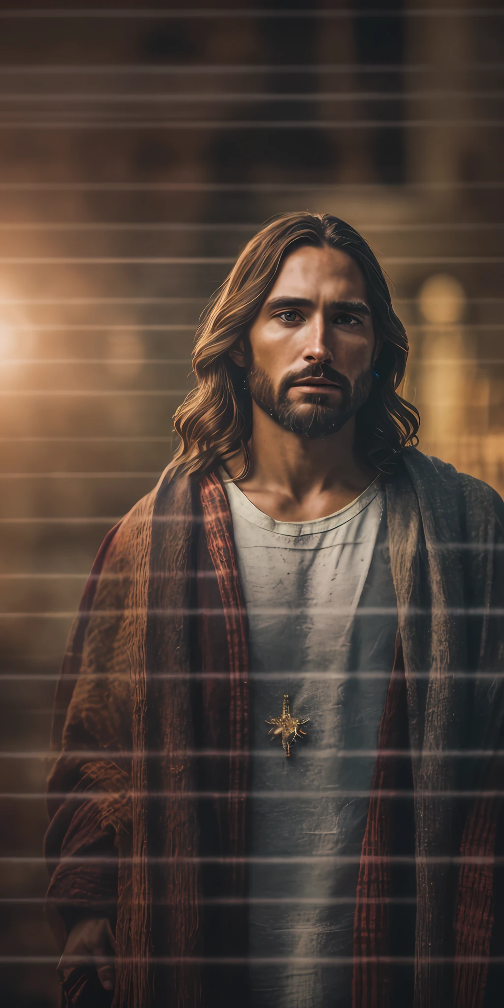 portrait of modern day Jesus, cinematic lighting, depth of field, bokeh, realism, photorealistic, hyperrealism, professional photography, uhd, dslr, hdr