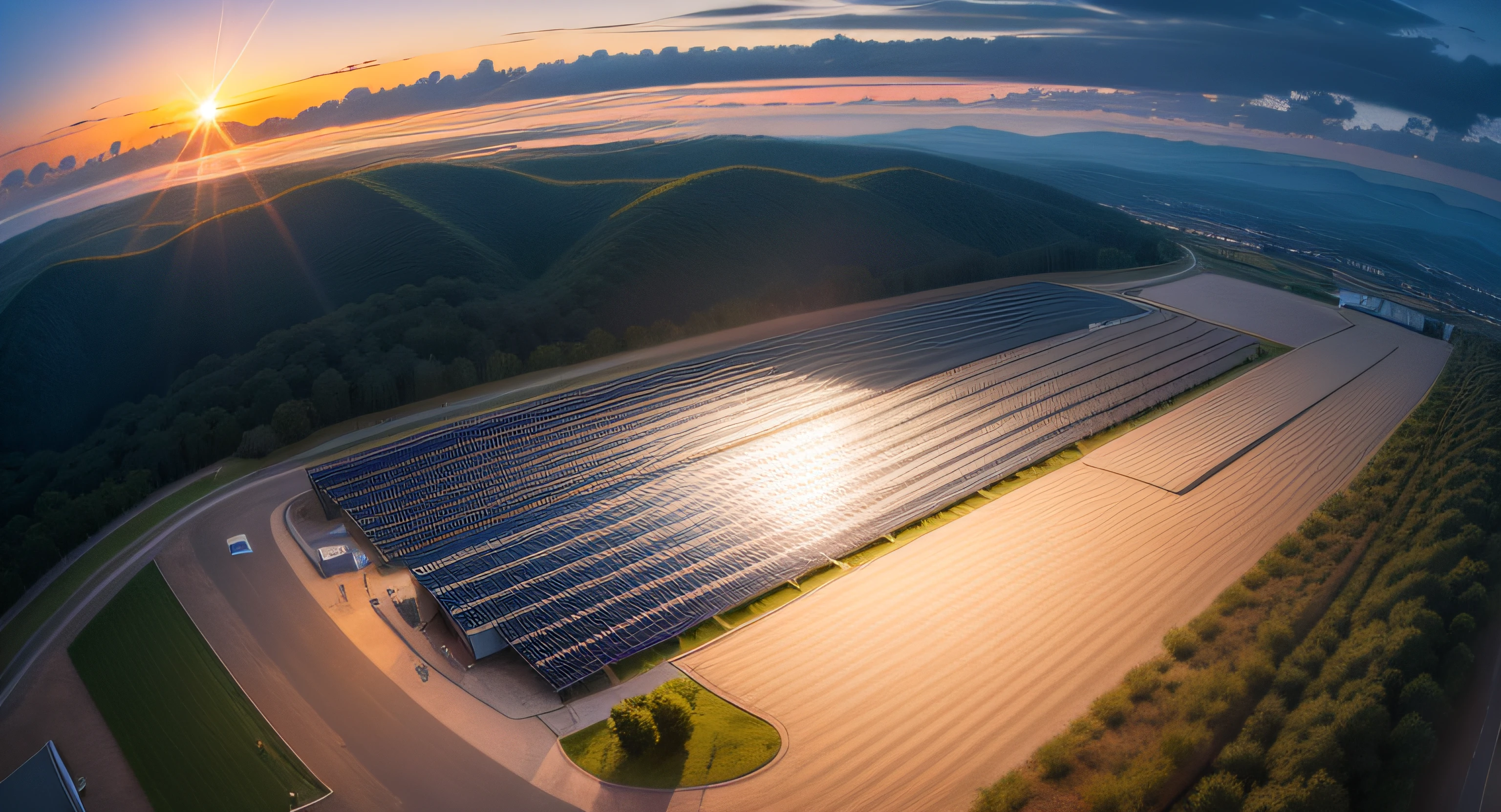 "ground-mounted photovoltaic power station with a stunning sunset backdrop"