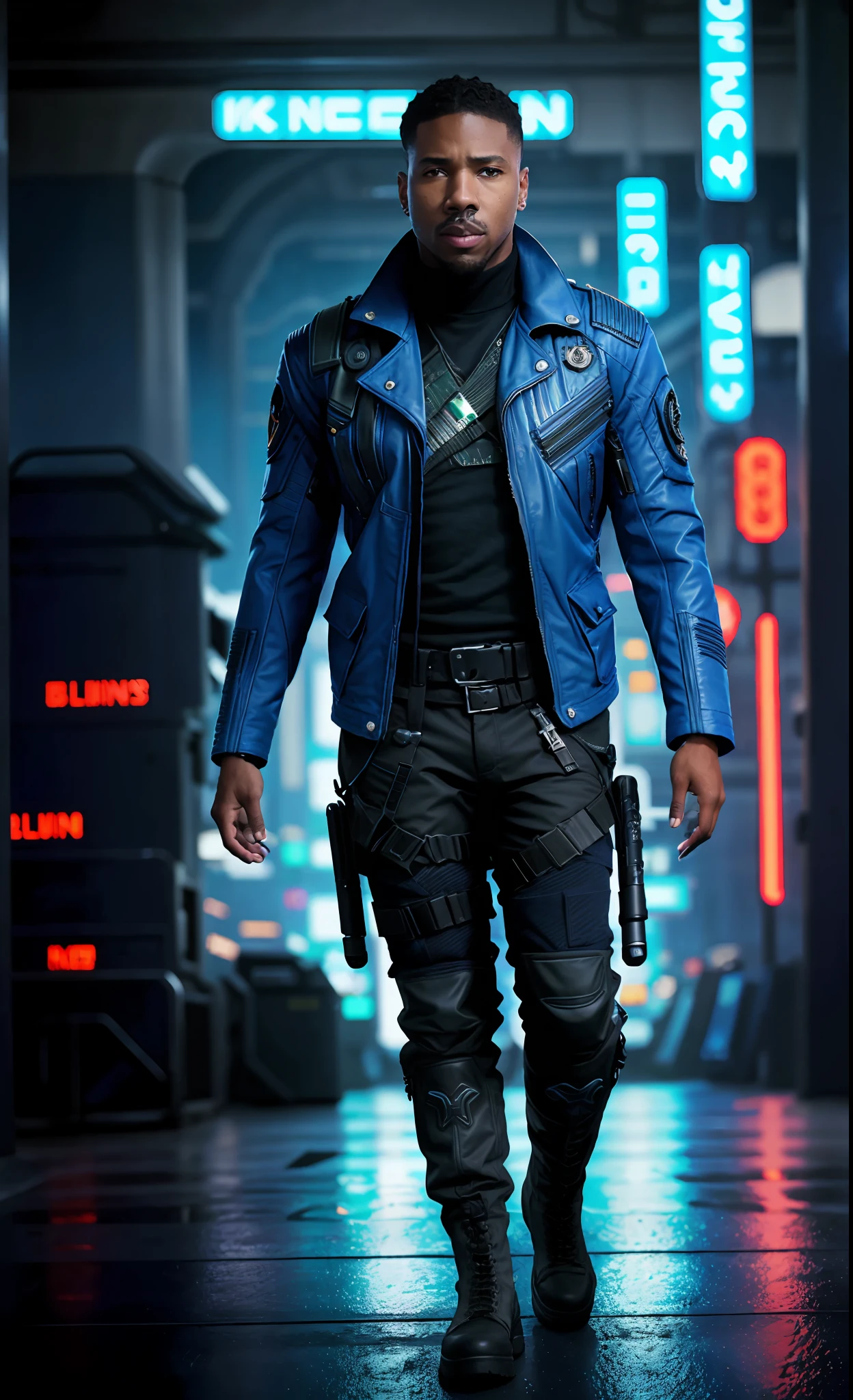 Blue military jacket, Style-BladeRunner2049-8v:0.7, a realistic photo of 1 mature young black man, Michael B. Jordan in the costume of the StarLord of Guardians of the Galaxy in blue color with white and black details, military costume, full body, military pants, knee-high boot futuristic dark brown, blue knee pads, blue military jacket, military fingerless gloves, cyberpunk nocturnal cityscape, street with neon lights, light glows, science fiction world, full body, closed mouth, best quality, highres,