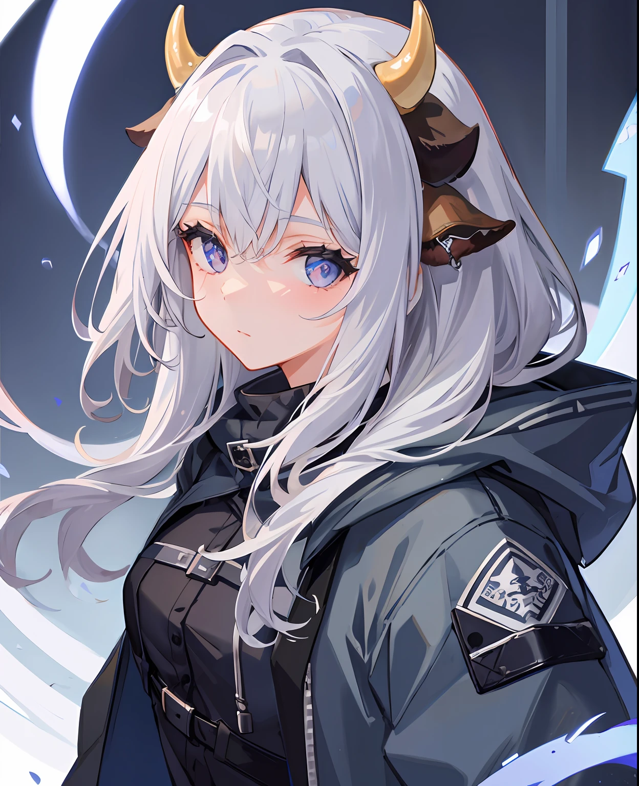 1girl,Silver hair, medium breasts, hooded, jacket, cow-patterned hood, detailed face, detailed eyes