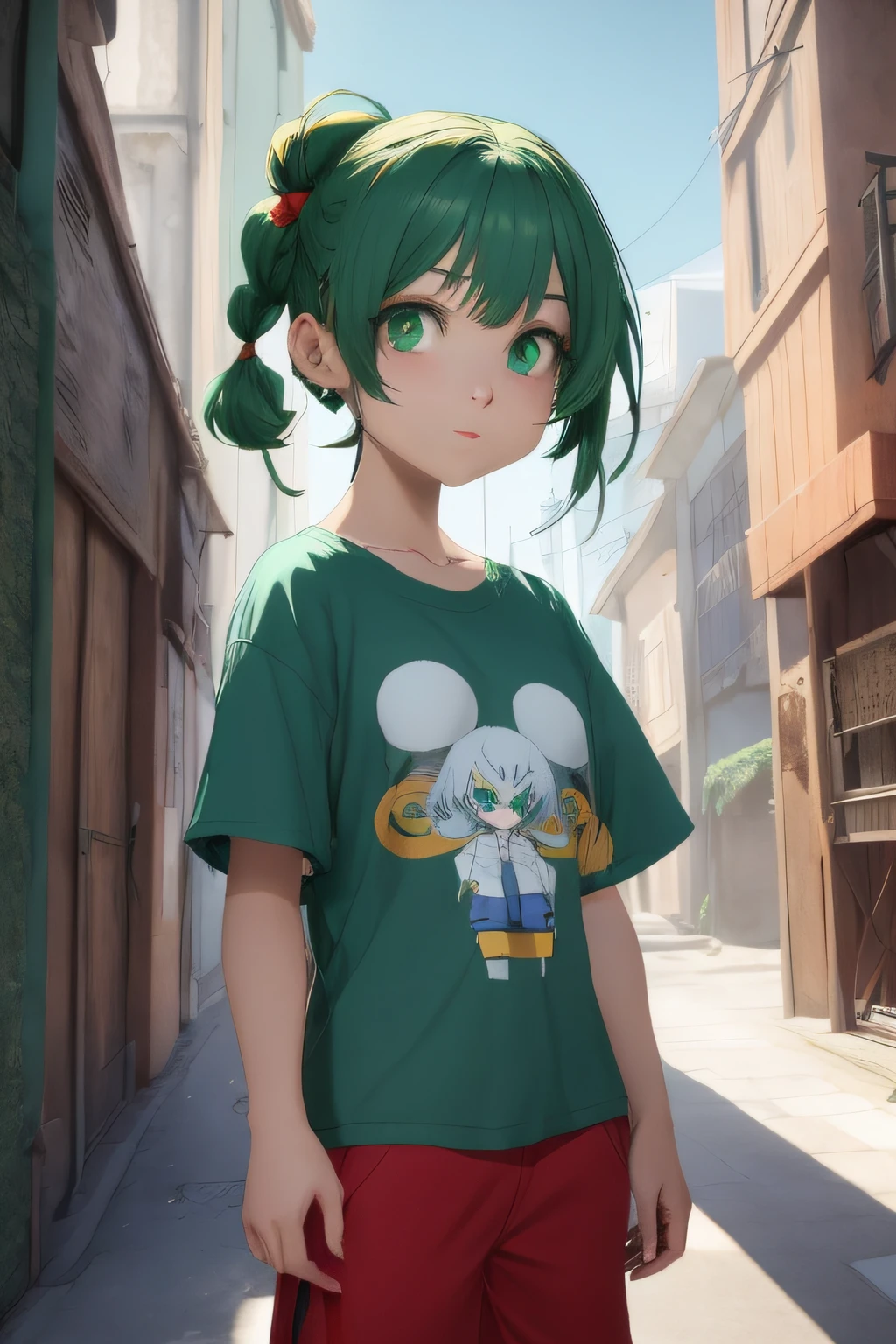 (masterpiece), best quality. A girl with red hair and green eyes is in a narrow alley, camiseta azul, visual anime de uma menina bonita, estilo NIJI. 8k, anime estilo 3d, Guweiz em Pixiv ArtStation, feito com anime painter studio, Guweiz, estilo anime 4K, anime moe artstyle, Estilo anime 3D realista, menina anime jovem, hdr, 8k