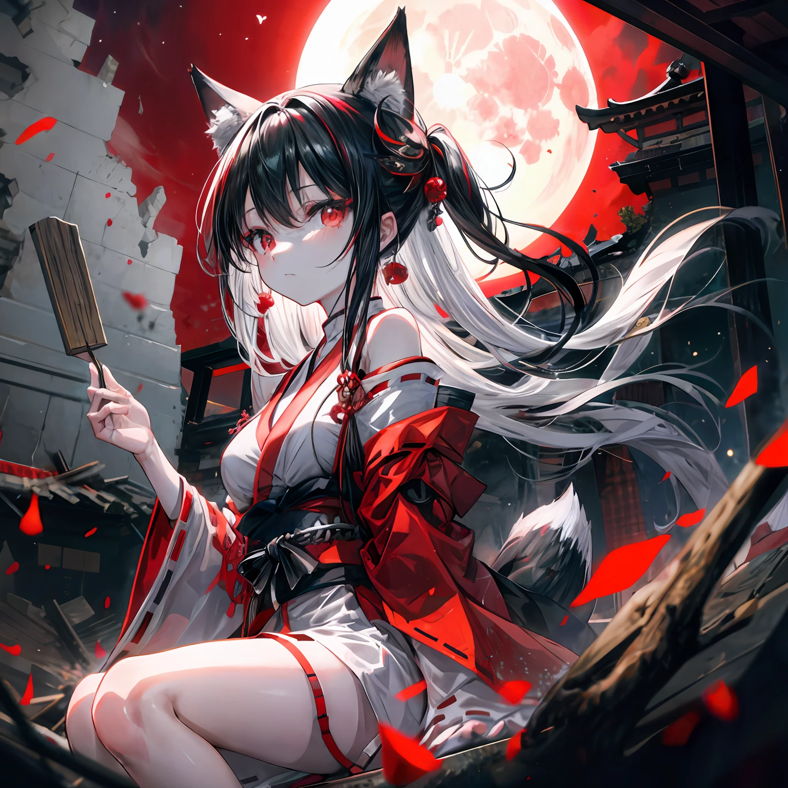 depth of field,A girl wearing a fox mask sits on the roof of an izakaya buried in rubble,miko,black hair,white hair,long hair,red eyes,red moon,shiny skin,symmetry,2girl