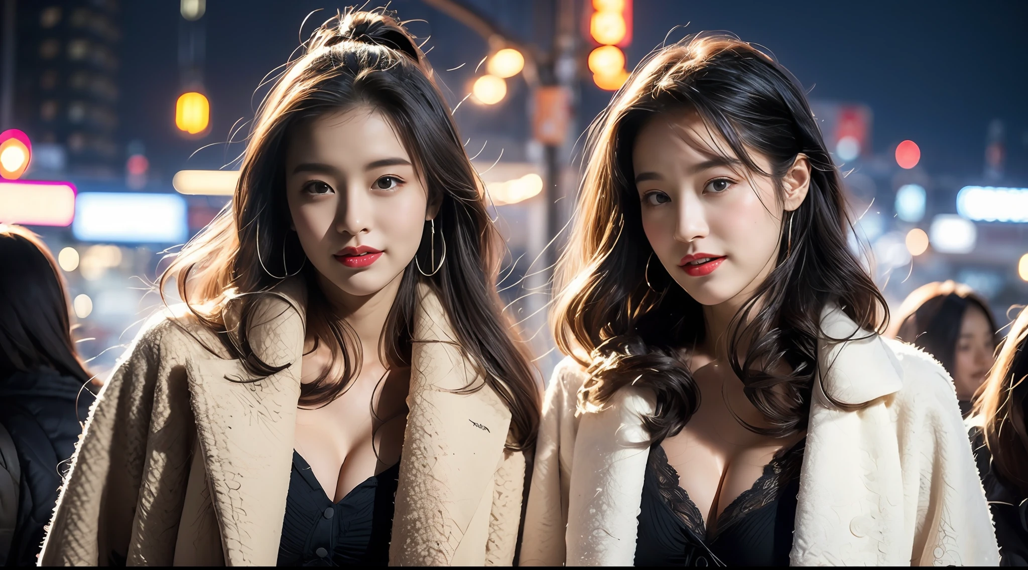 (（best qualtiy，tmasterpiece，超高分辨率）)，（realisticlying：1.4），(Korean star poster-like)，(((1girl)))，From head to knees，Dynamic posture，adult face，Slim，(ssmile)，（shiny skins），（contours，frontage，），whaite hair，long whitr hair，黑The eye，（big cleavage breasts），Top fashion，（（White plush coat）），Lace，(short  skirt)，（Heavy snow：1.5，the night，city night scene），(Clear eyes)，(Clear nose)，(Clear lips)，(Fair skin)，(Ultra-realistic textile textures)