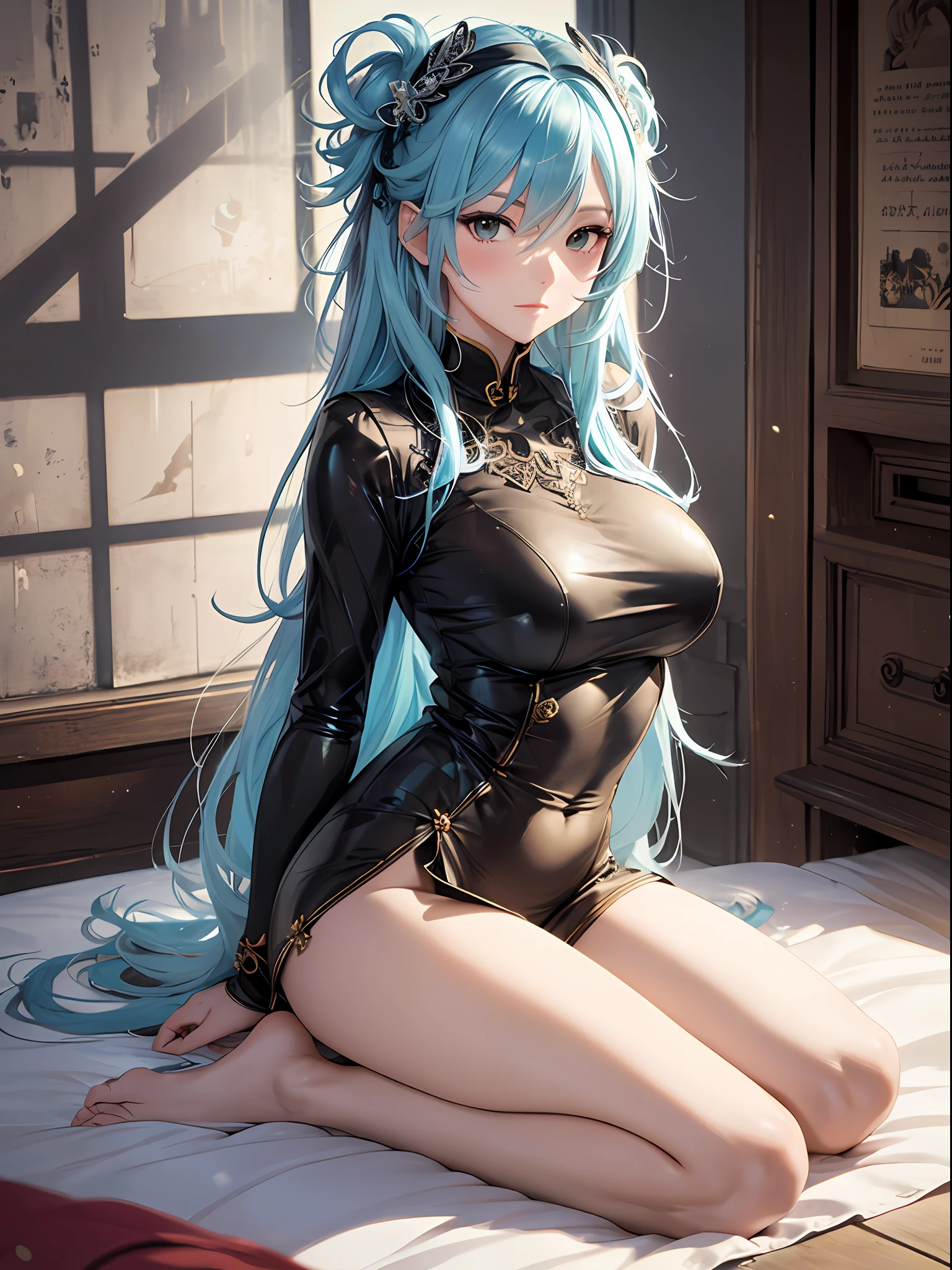 (Enrich the picture,Masterpiece level quality)Beautiful 8K CG artwork,Goddess-like posture,Kneeling exercise,Slim and soft,Translucent skin,Aqua blue hair、The aesthetic look of extra-long hair and messy hair,The skin is fair and juicy,Big JK Uniform,Perspective Part 1.2x enhanced silhouette effect,Exquisite transparent blues pattern in pajamas,The details are intricate and exquisite,The background is slightly blurred,Charming and lustful leg seduction,Drool,Extra-large big breasts,Blush,