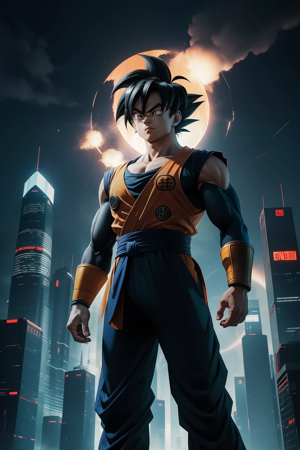 son goku bem detalhado,Dragon ball, com um visual futurista, Aura misteriosa, e uma postura confiante. The agent must have technological clothing and advanced weaponry, The background of the image should depict a futuristic city at night, with bright skyscrapers and a cybernetic atmosphere, bem detalhado.