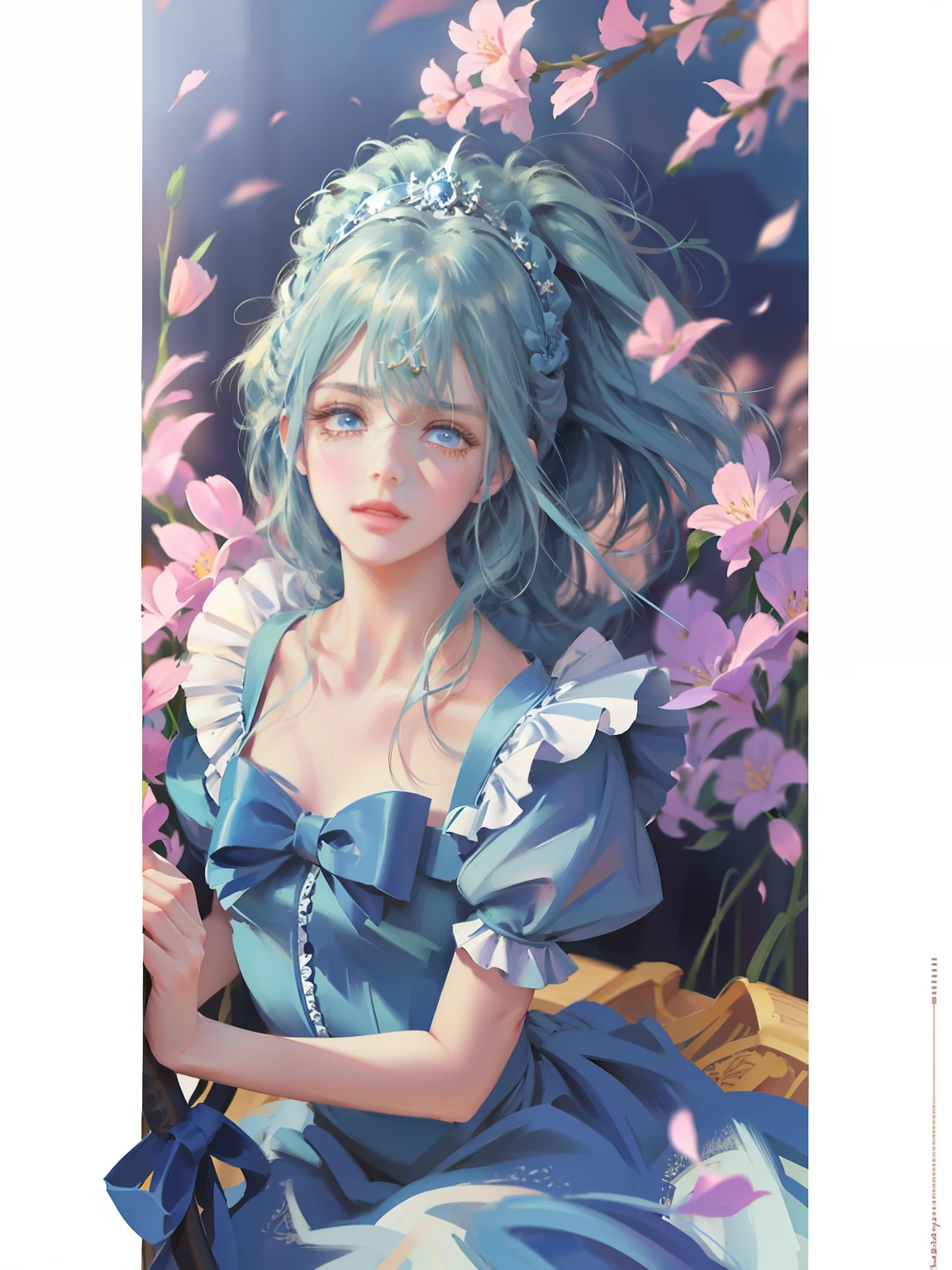 （ultraclear，A high resolution，Surprising detail，1girll，dual horsetail，frizzy hair，Hair soars，Delicate facial features）ssmile，Sky blue double ponytail and blue eyes，Anime girl in sky blue dress，tiara crown，Highly saturated color，Natural light，Anime princess,  portrait of magical girl, loli in dress,Lolita prostitute，style of magical girl, Anime style