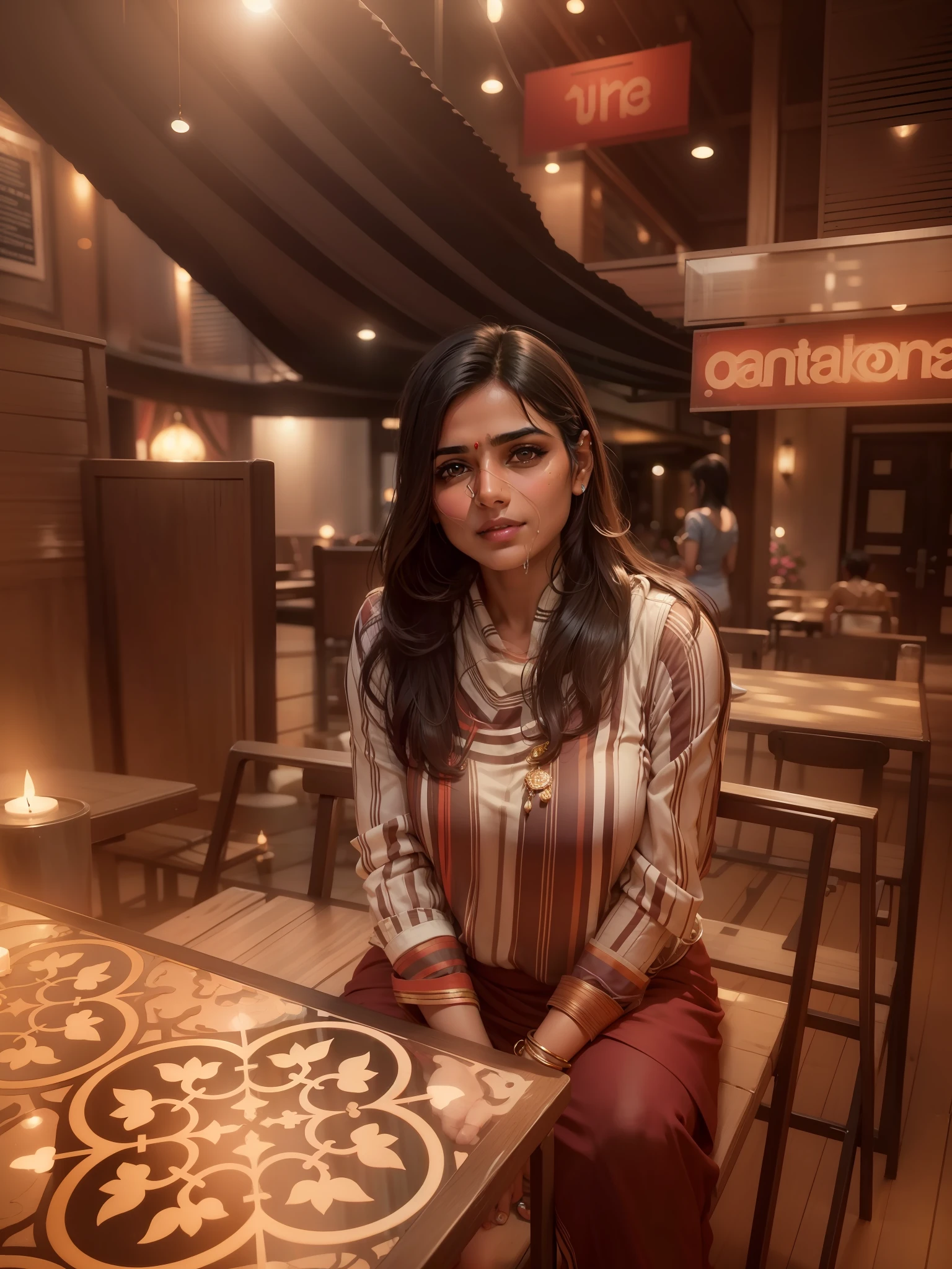 Cute indian mature girl, sitting in a restaurant table, sweet and beautiful with sexy body, wet skin and big boobs, shinny face glow realistic ultra clear, ultra realistic, 8k, high definition, best art station picture, romantic atmosphere, best lighting full contrast, higb contrast, color combination perfect, realism realistic, best quality