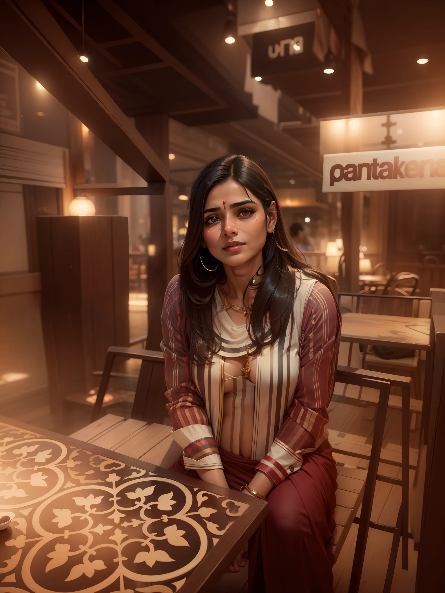 Cute indian mature girl, sitting in a restaurant table, sweet and beautiful with sexy body, wet skin and big boobs, shinny face glow realistic ultra clear, ultra realistic, 8k, high definition, best art station picture, romantic atmosphere, best lighting full contrast, higb contrast, color combination perfect, realism realistic, best quality