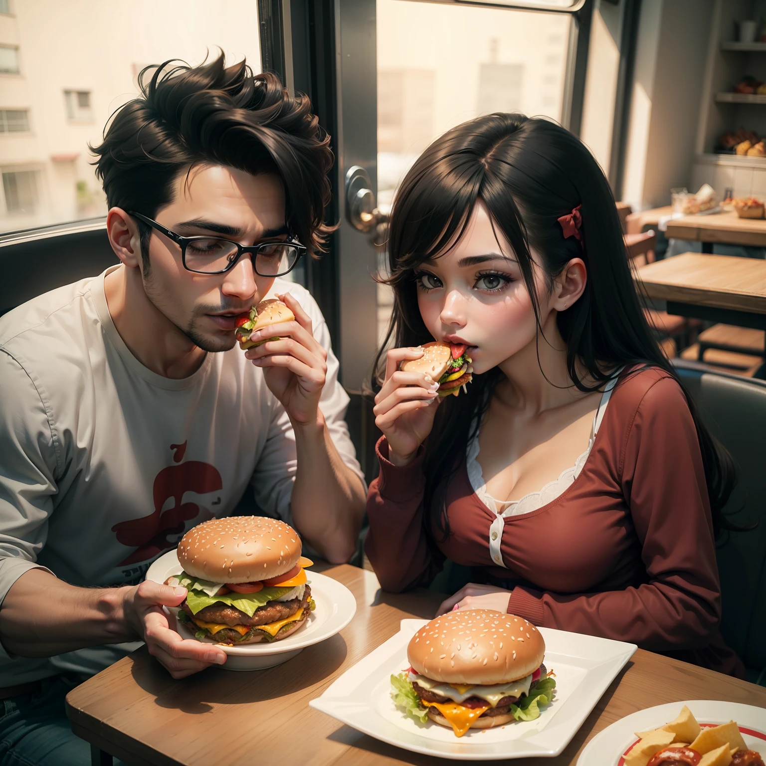 Couple eating hamburger