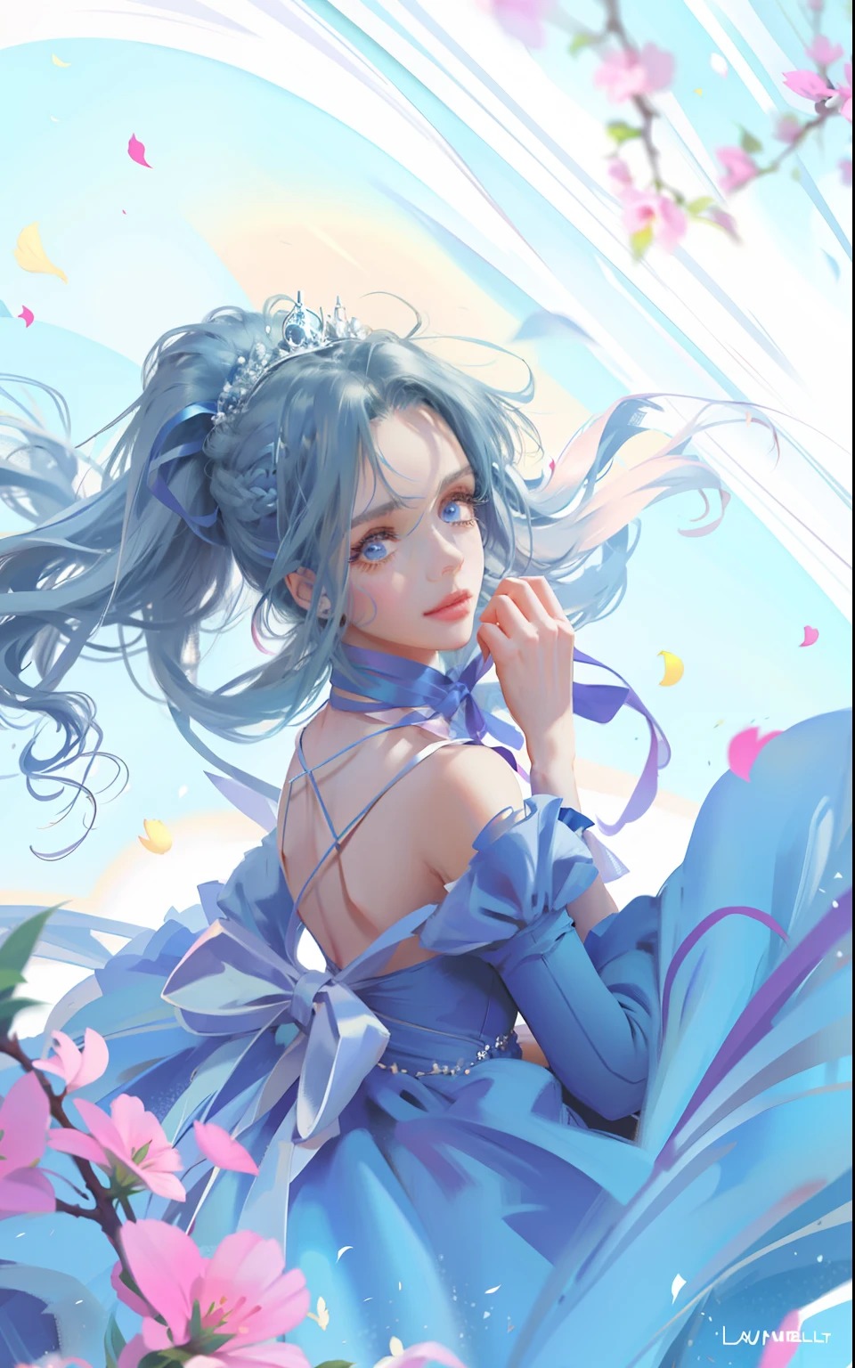 (ultraclear,A high resolution,Surprising detail,1girll,dual horsetail,frizzy hair,Hair soars,Delicate facial features)ssmile,Sky blue double ponytail and blue eyes,Anime girl in sky blue dress,tiara crown,Highly saturated color,Natural light,Anime princess, portrait of magical girl, loli in dress,Lolita prostitute,style of magical girl, Anime style