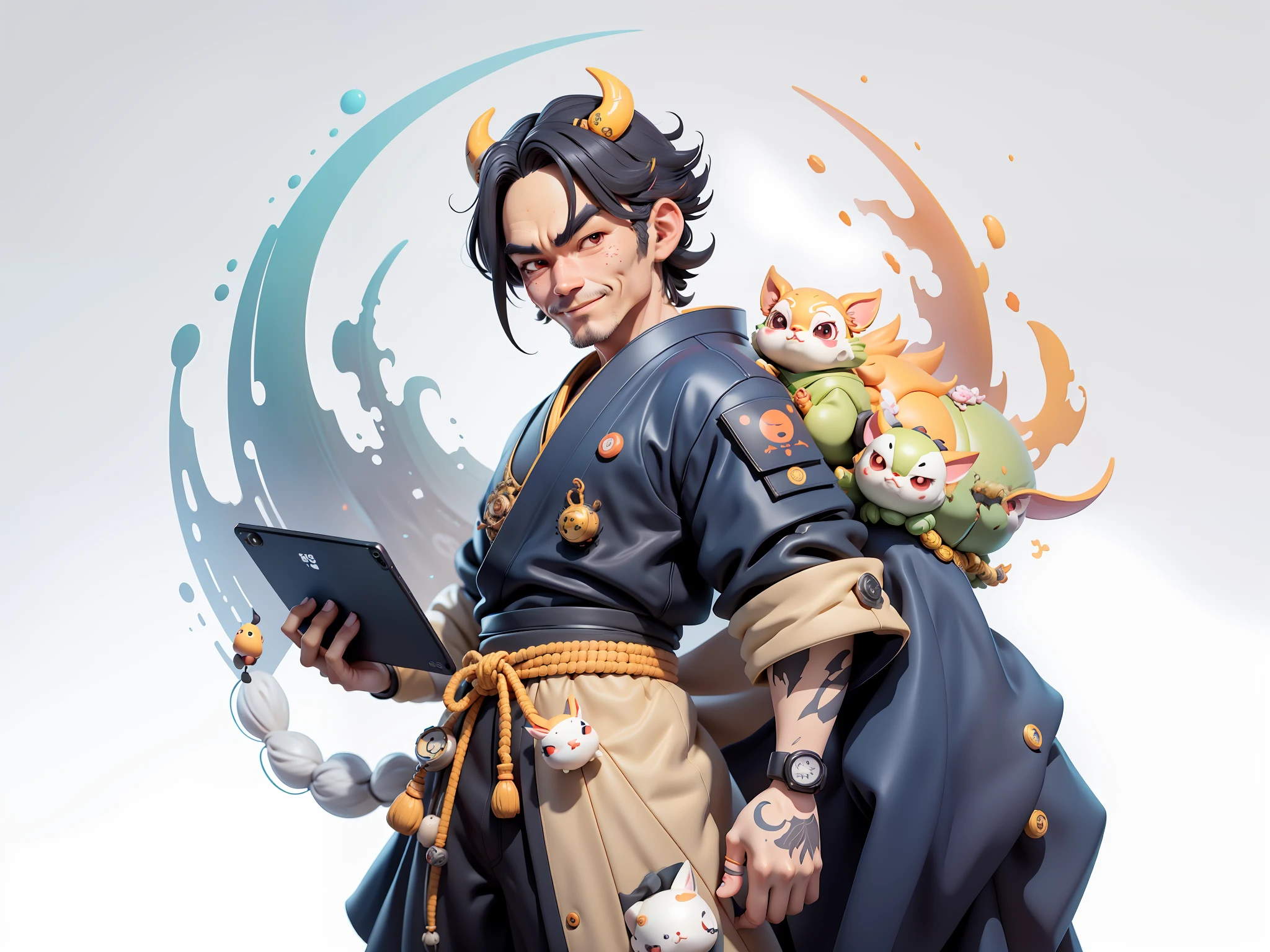 (Daisaku),(Need),(Super meticulous),(full bodyesbian:1.2),Japanese ukiyo-e girl,japanese geisha,Beautiful,Oriental dragon,Aeolian Thor,Raised sexy,爆乳,Oriental face,TV Anchor,Bust portrait illustration,Alone,In black suit,a blue tie,The face is slightly chubby,The face was clean,without a beard,Black super short hair,Black eyes,Smile confidently,3C computer sub-products,iPad, iphone,Digital painting,3D character design by Mark Clairen and Pixar and Hayao Miyazaki and Akira Toriyama,The illustration is a high-definition illustration in 4K resolution,With very detailed facial features and cartoon-style visuals。