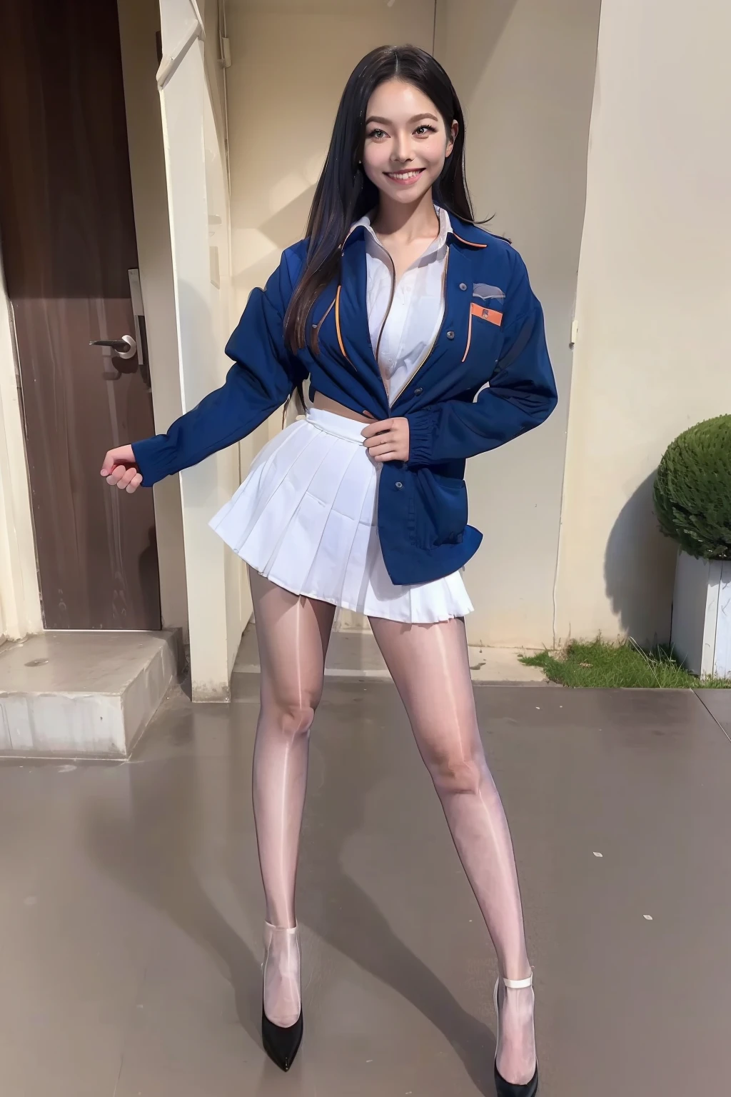 Full body view, feet in view, arafed woman in a school uniform posing for a picture, hyperrealistic schoolgirl, a hyperrealistic schoolgirl, realistic schoolgirl, japanese school uniform, pantyhose, no shoes, beautiful anime high school girl, japanese girl school uniform, pretty girl in real life, anime girl cosplay, wearing japanese school uniform, cute schoolgirl, seductive beauty girl, jk uniform, girl wearing uniform,  masterpiece, superdeformed, full body: 1.2, ultra high res, RAW photo, masterpiece, ultra detailed, 8k, full detailed hair, highres, best quality, ultra high res, ultra detailed face and eyes, (photorealistic:1.4), looking at viewer, smiling, cute,  (ray tracing:1.4), (long legs:1.4), Best quality , masterpiece, large hip, Fully facial detailed, beautiful, ((very detailed of hair )) , ((( 15 years old ))), thin lips, big eyes, highres, seducing, blue eyes , slim waist, 8k, 16k, highres, Yua Mikami,
karol bak uhd, inspired by hajime sorayama,