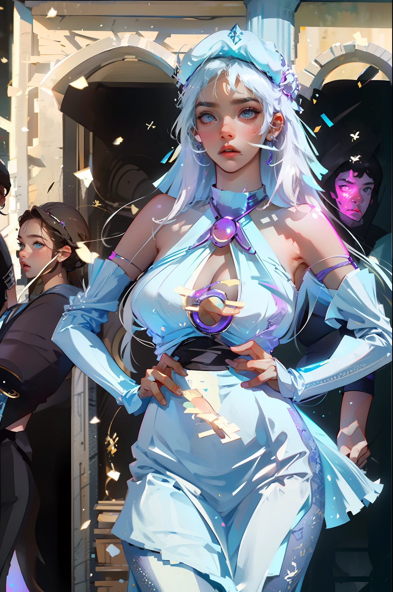 Una hermosa vaquera. She is in the middle of the street in a small village. She holds two large revolvers........., uno en cada mano, Usar ropa de mezclilla, un sombrero y botas altas. Su cabello es largo y rizado. It's a spectacular full-body image with a low upward tilt angle..