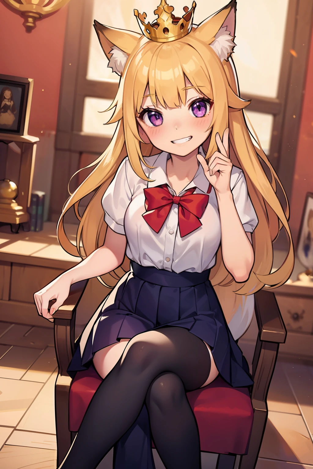 1Girl, masterpiece, best quality, light golden hair, purple eyes, sitting on a throne, fox girl, background(shrine), light blush, light grin, powerful pose, big crown, school uniform, princess, holding the symbols of power