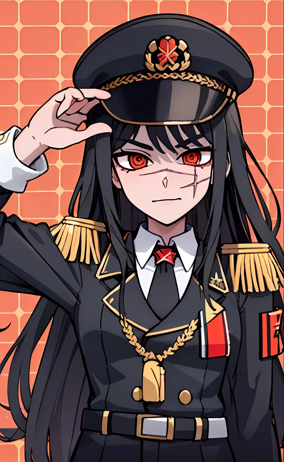 (masterpiece, best quality: 1.2), Solo, 1girl, Yoru \(Chainsaw Man\), looking at the viewer, different poses, red eye, long hair, completely black hair, reference to clothing of a German WWII general, black long sleeves (best quality), scar on face, beautiful eyes, has only 2 arms, has war medals on his clothes, Black Military Cap, Golden Eagle Medal on Clothing,  (Wallpaper), (8K HD), (8K HD), Golden Shoulder Pads, Sprites, 1 Single Design (masterpiece, best quality: 1.2), Solo, 1girl, Yoru \(Chainsaw Man\), looking at the viewer, smile, happy, different poses, red eye, long hair, completely black hair, reference to clothing of a German WWII general, black long sleeves (best quality), scar on face,  beautiful eyes, has only 2 arms, has war medals on his clothes, black military cap, golden eagle medal on clothing, (wallpaper), (8K HD), (8K HD), (8K HD), golden shoulder pads, sprites, 1 single design