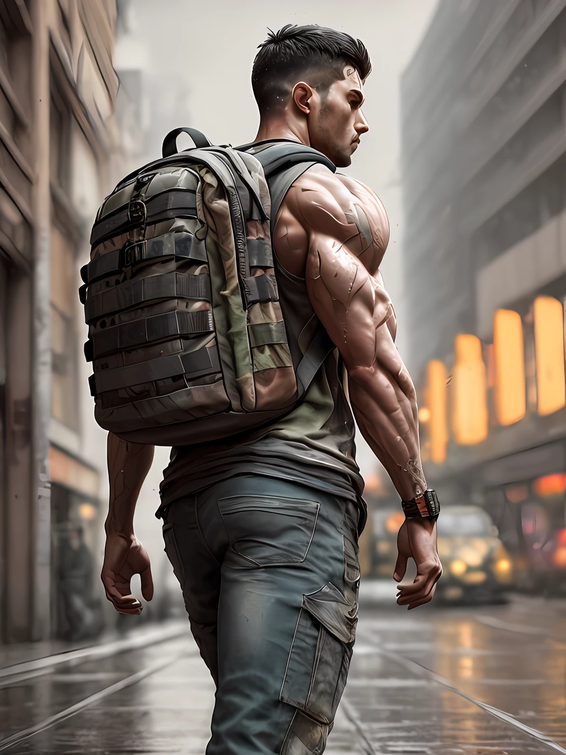 muscular man, street angry, backpack, epic realistic, photo, faded, complex stuff around, intricate background, soaking wet, neutral colors, ((((hdr)))), ((((muted colors)))), intricate scene, artstation, intricate details, vignette