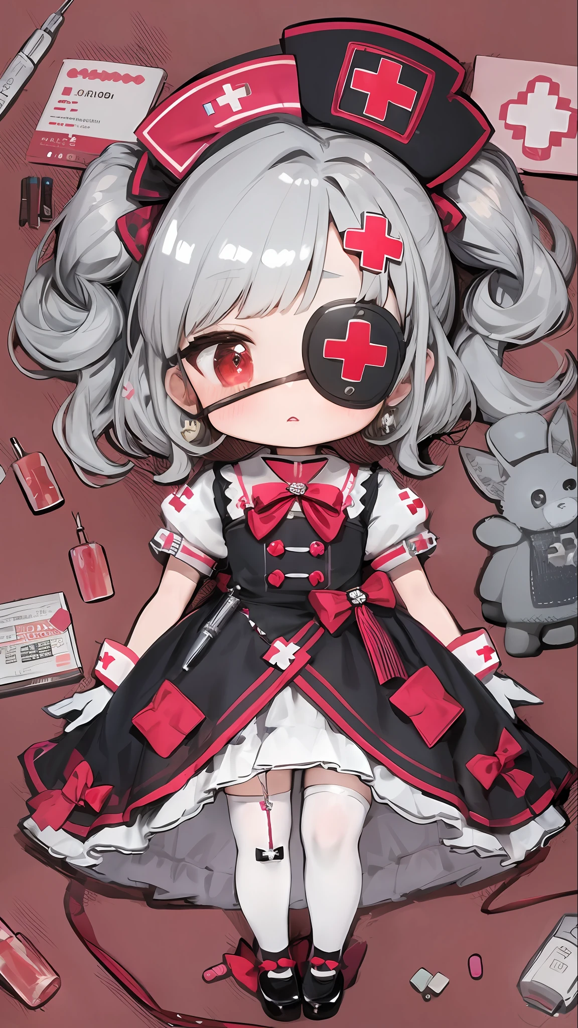 Character design,clothing design,ta prostitute,Gorgeous dress,mitts,curlies,very intricate,Exquisite,shift dresses,Bow knot,frilld,ribbon,bandagens,Nurse style,Huge syringe,pill,Red Cross,Y2K,E-girls,Unilateral eye patch,Love decoration,subculture,Sick,bloods