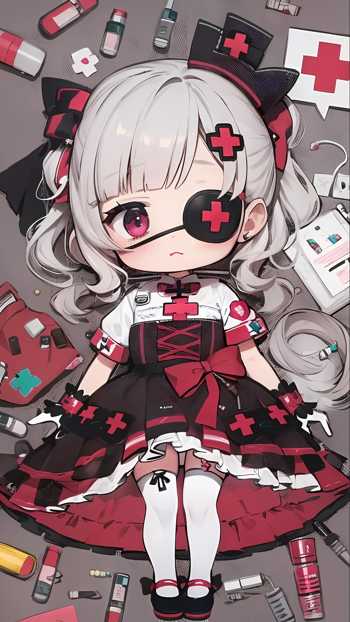 Character design,clothing design,ta prostitute,Gorgeous dress,mitts,curlies,very intricate,Exquisite,shift dresses,Bow knot,frilld,ribbon,bandagens,Nurse style,Huge syringe,pill,Red Cross,Y2K,E-girls,Unilateral eye patch,Love decoration,subculture,Sick,bloods