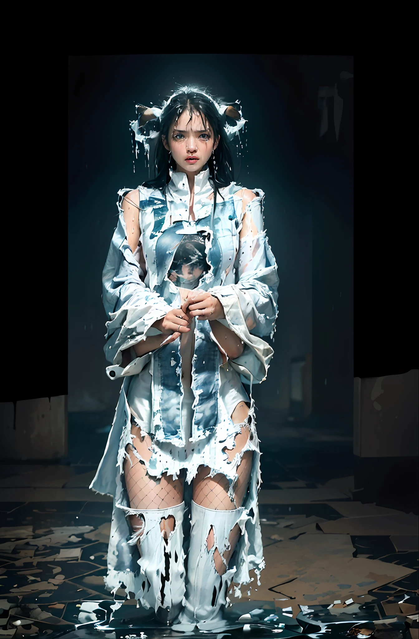 best image quality, masterpiece, super high resolution, (fidelity:1.4), photo, 1 girl, white shirt, torn jeans, white sneakers, dim, darkness, despair, pity, poor, movie, tears, teardrops, (torn clothes:1.5), (wet clothes:1.4), bare shoulders, real rain, wet hair,..