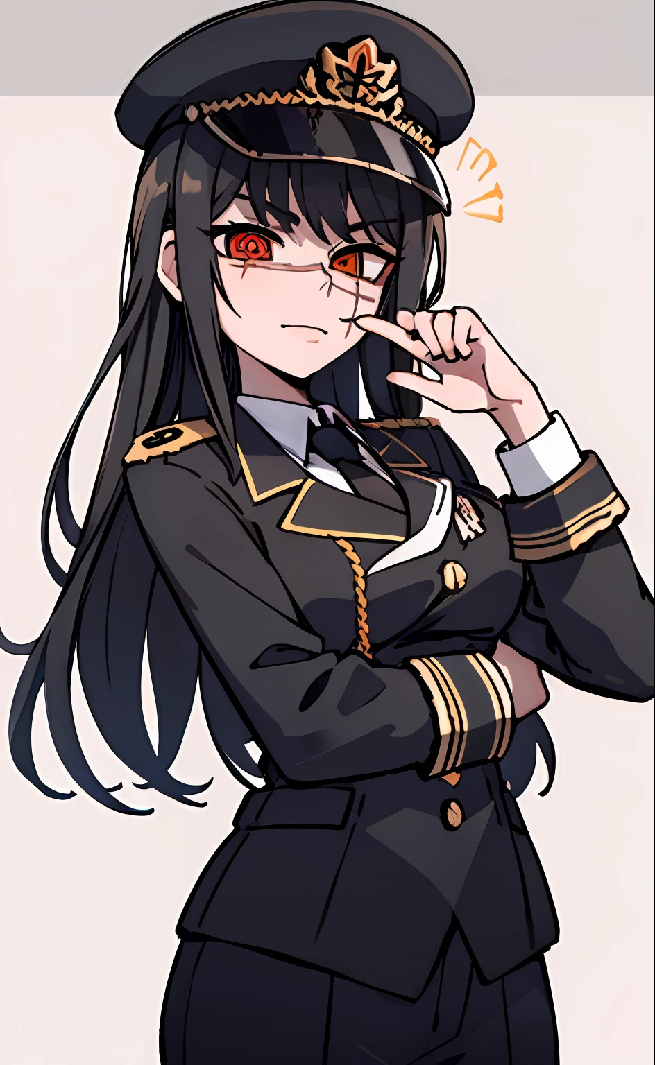 (masterpiece, best quality: 1.2), Solo, 1girl, Yoru \(Chainsaw Man\), looking at the viewer, different poses, red eye, long hair, completely black hair, reference to clothing of a German WWII general, black long sleeves (best quality), scar on face, beautiful eyes, has only 2 arms, has war medals on his clothes,  Black Military Cap, Golden Eagle Medal on Clothing, (Wallpaper), (8K HD), (8K HD), Golden Shoulder Pads, Sprites, 1 Single Design (obra maestra, mejor calidad: 1.2), Solo, 1girl, Yoru \(Chainsaw Man\), mirando al espectador, sonrisa, feliz, diferentes poses, ojo rojos, cabello largo, cabello completamente negro, reference to clothing of a German general from World War II, mangas largas negras (mejor calidad), cicatriz en la cara, hermosos ojos, tiene solo 2 brazos, tiene medallas de guerra en su ropa, Gorra militar negra, Golden Eagle Medal in Dress, (fondo de pantalla), (8K HD), (8K HD), hombreras doradas, sprites, 1 single design,poses cambiantes