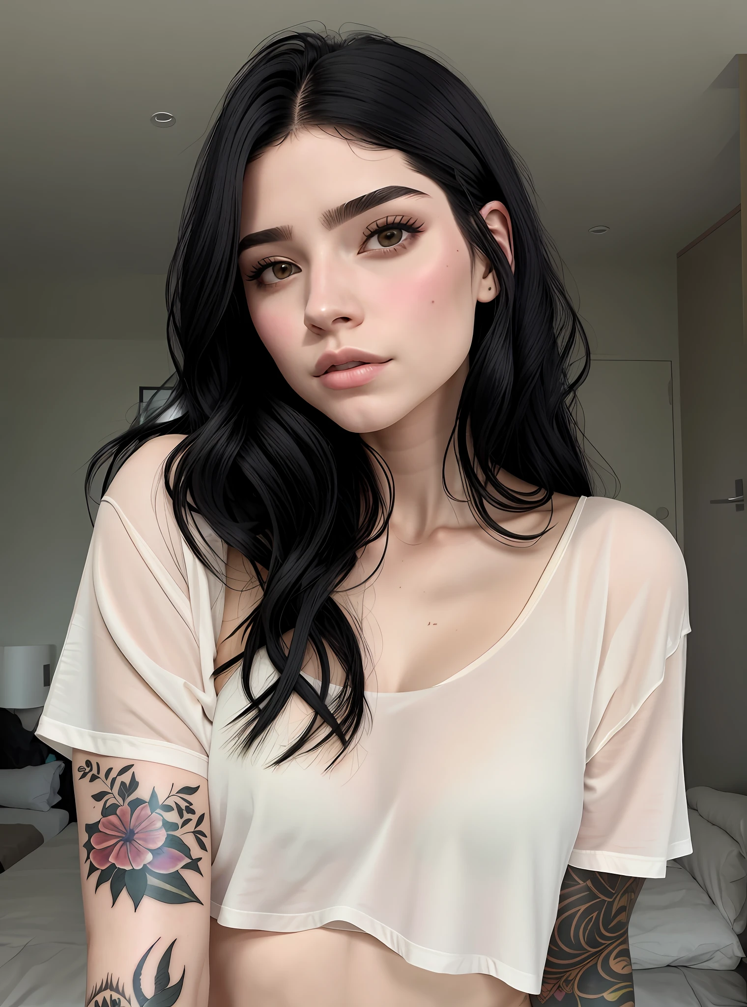 A closeup of a beautiful woman with a tattoo on her arm, menina atraente, Foto de perfil do headshot, cabelo e maquiagem escuros, cabelo escuro maravilhoso, with pale skin, pale glowing skin, She has black hair, messy black hair, pale fair skin!!, menina com cabelo preto, Kaitlyn Michelle Siragusa, cabelo preto rosto bonito, pale skin!, cabelos escuros