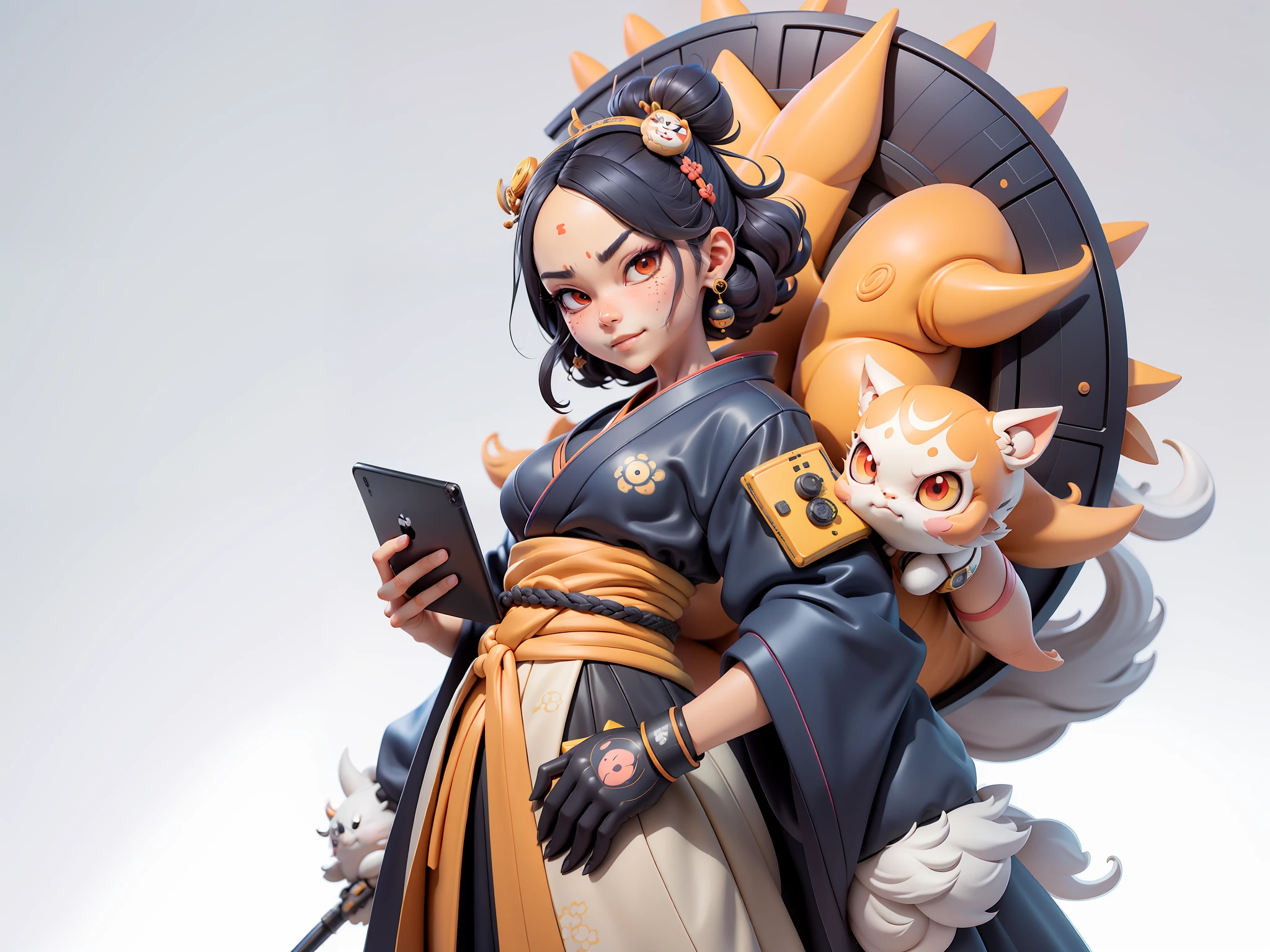 (Daisaku),(Need),(Super meticulous),(full bodyesbian:1.2),Japanese ukiyo-e girl,japanese geisha,Beautiful,Oriental dragon,Aeolian Thor,Raised sexy,爆乳,Oriental face,TV Anchor,Bust portrait illustration,Alone,In black suit,a blue tie,The face is slightly chubby,The face was clean,without a beard,Black super short hair,Black eyes,Smile confidently,3C computer sub-products,iPad, iphone,Digital painting,3D character design by Mark Clairen and Pixar and Hayao Miyazaki and Akira Toriyama,The illustration is a high-definition illustration in 4K resolution,With very detailed facial features and cartoon-style visuals。