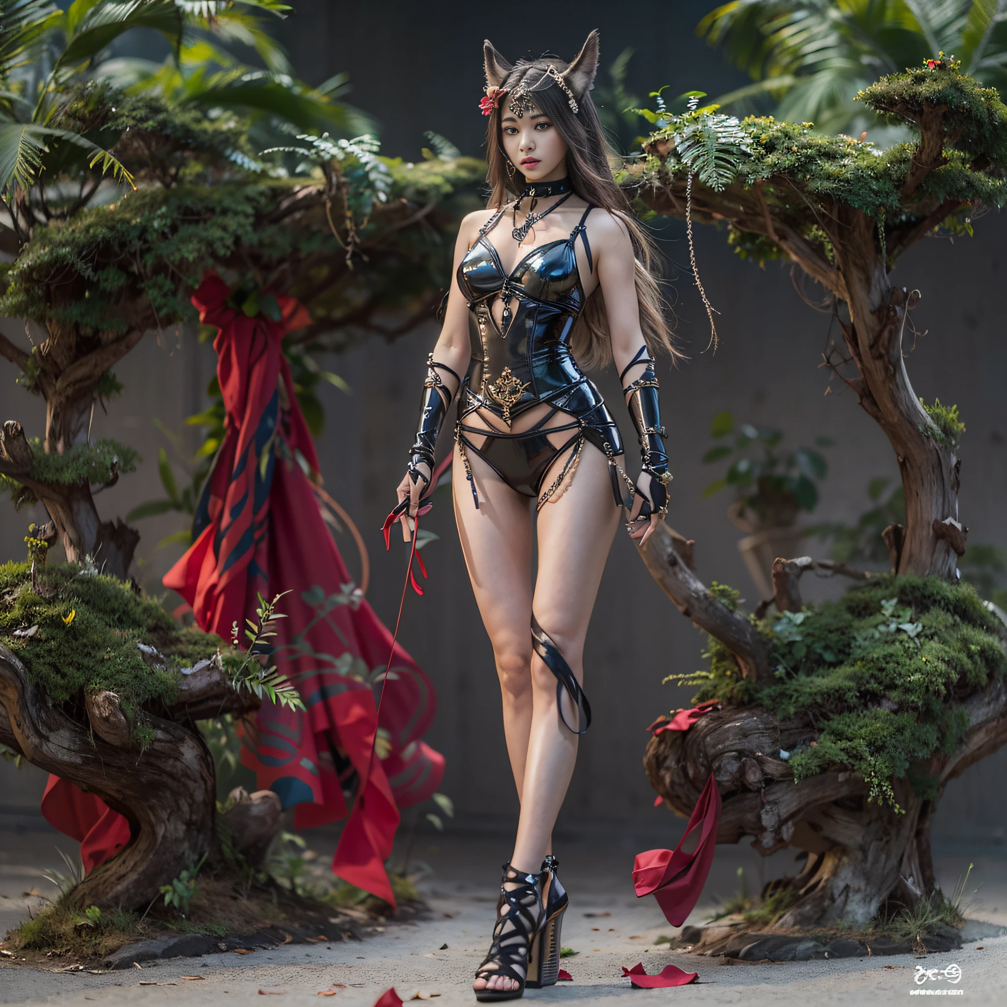 ((masterpiece:1.4)、(top-quality:1.4)、(reallistic:1.7))、a beauty girl、Extraordinary beauty、Bondage style:1.4、latex shiny:1.4、Latex bodysuit、By Luis Royo、age19、1girl in、Super Ultra Ultra Bikini、Super sexy young girl、Colossal tits:1.4、Looking Back Beauty、Attractive best proportions、4fingers and 1thumb、Outstanding style、standingn、fullllbody、foco nítido:1.5、Slender Abs、Anatomically correct representation of the human body:1.4、beauty legs、Two legs、Two arms、hips up high、A detailed eye、Raw photo、red-lips、Red high heels、a choker、a necklace、耳Nipple Ring、Fantastic mythical world landscape:1.4、