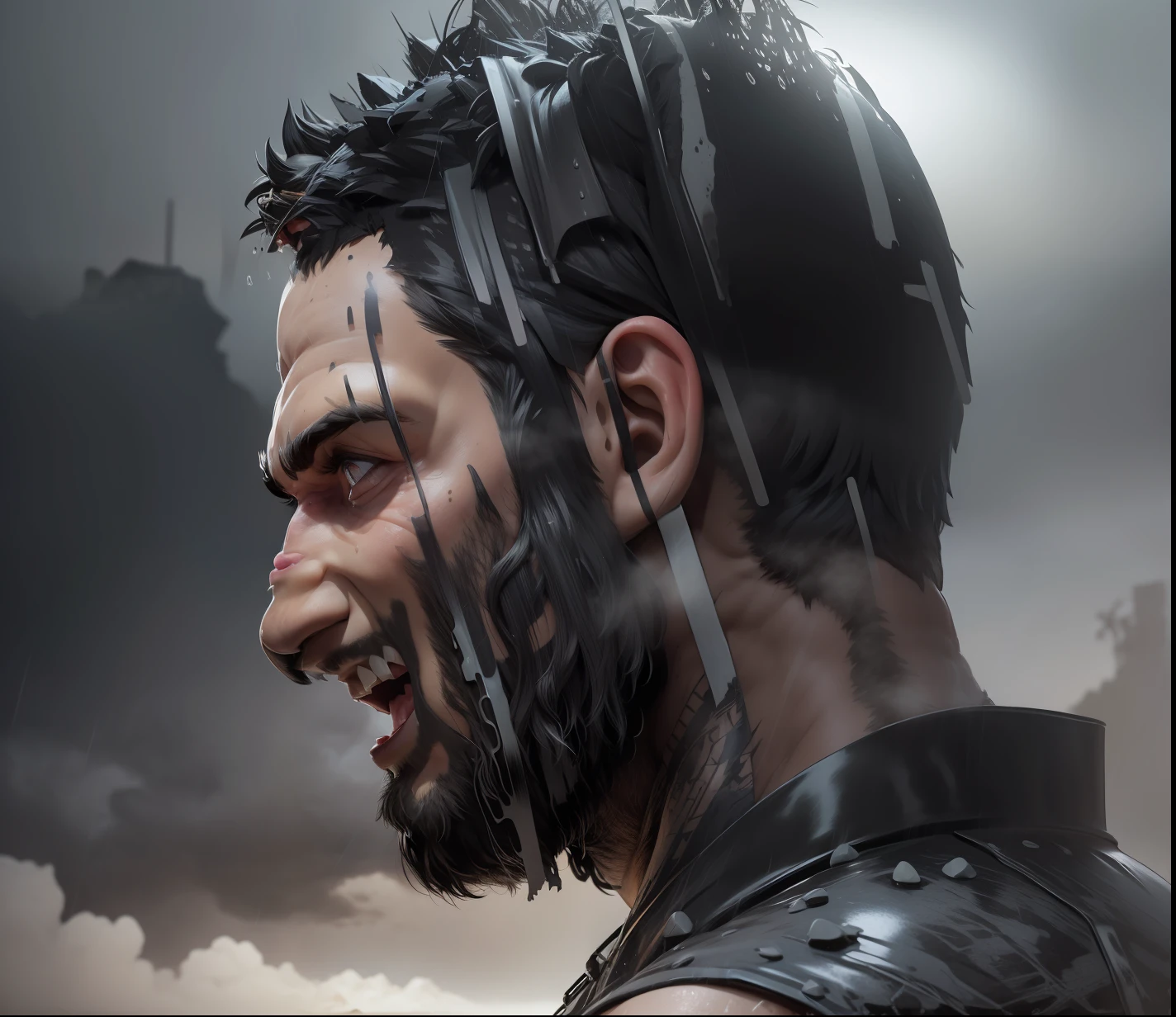 Man with short hairs, fit body, light beard, forest, thunder , Raning, muddy face and body, sleeveless, black and gray dress, villain look, detailed skin, bulky body, fat body, laughing, tribes, muddy and dusty, tent in background, heavy Raining thunder with foggy environment, black spots on face, dusty face