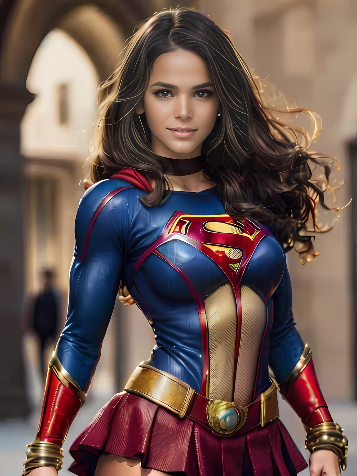 Photo of Bruna Marquezine, "Supergirl's masterpiece of art complete, high quality, ultra detailed in 4k, 8k, high resolution, hyper-realistic photo, hyper-detailed, realistic skin texture, amazing shadows, extremely detailed texture, perfect lighting, high-level image quality." A female superheroine, inspired by x-man, Fair skin, brown hair, outlined brown eyes, outlined face, bracelet, Full body, Nice super hero clothes, in the florest, outside a mansion, symbol S of superman, smile, perfect body, gorgeous woman