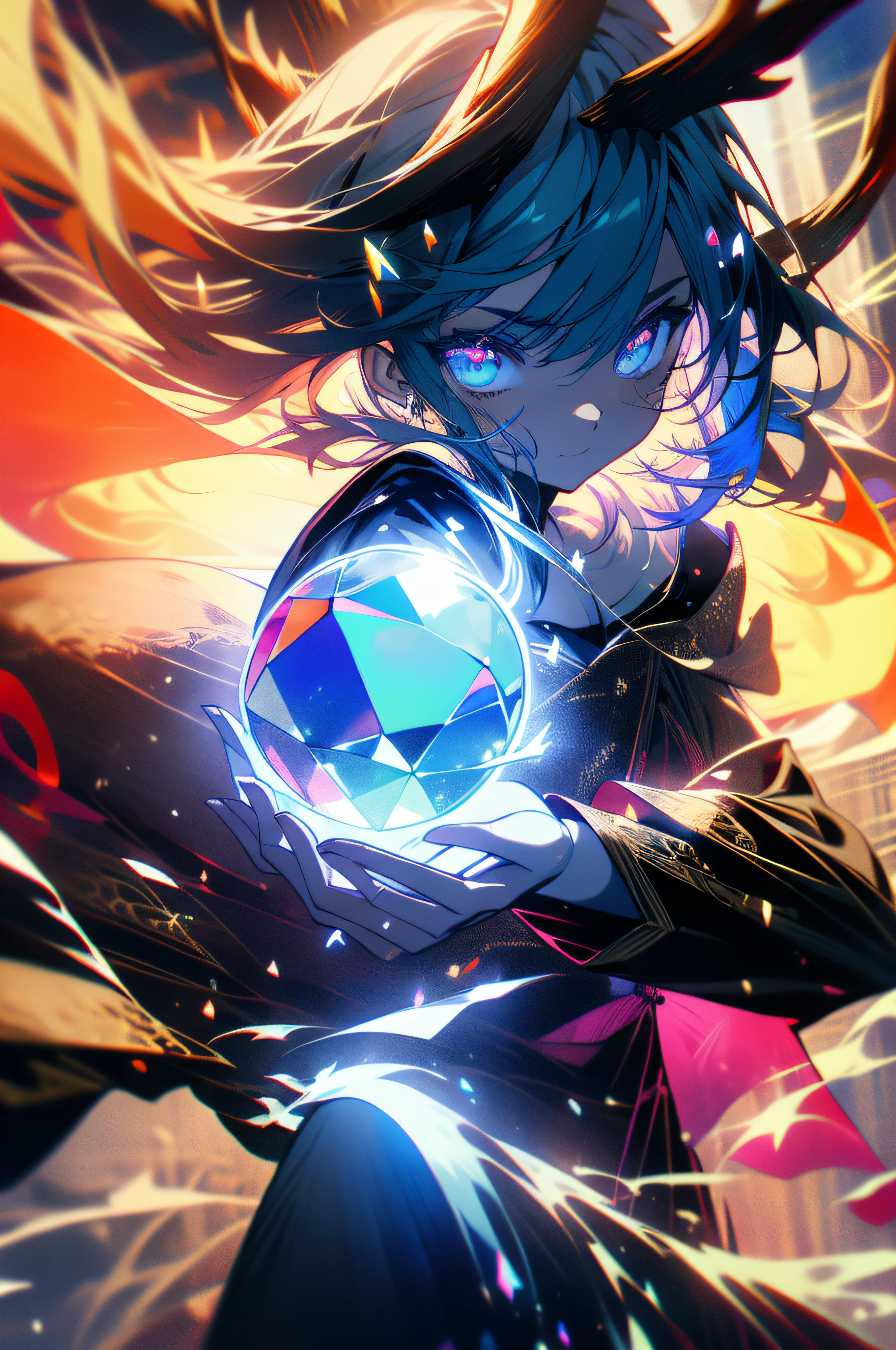 cold shades,Antler girl,Black robe,Diviner,Holding a crystal ball in his hand,Ice in the background,Mysterious temperament。The details are clear